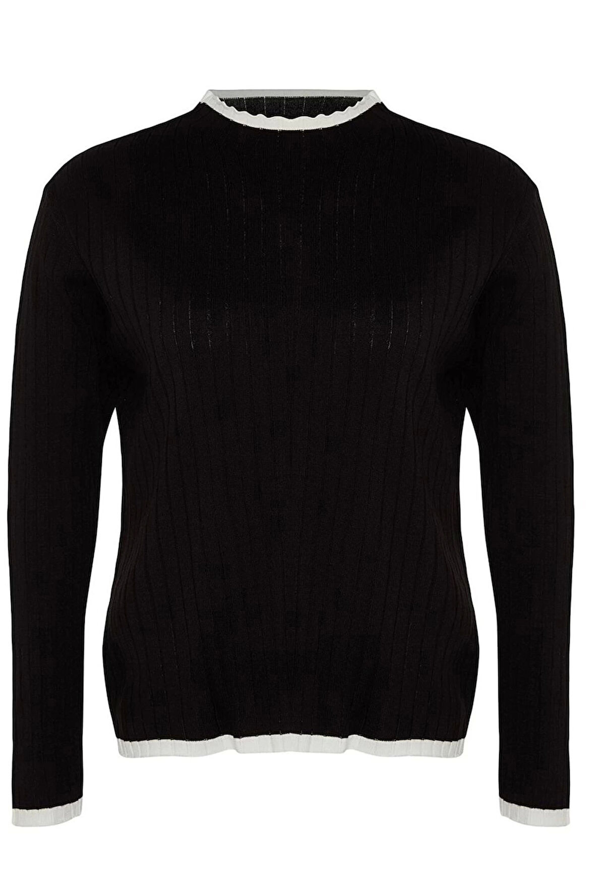 Kadın Büyük Beden Moda Şık Regular Dik Yaka Uzun Kol Düz Çizgi Detaylı Triko Kazak