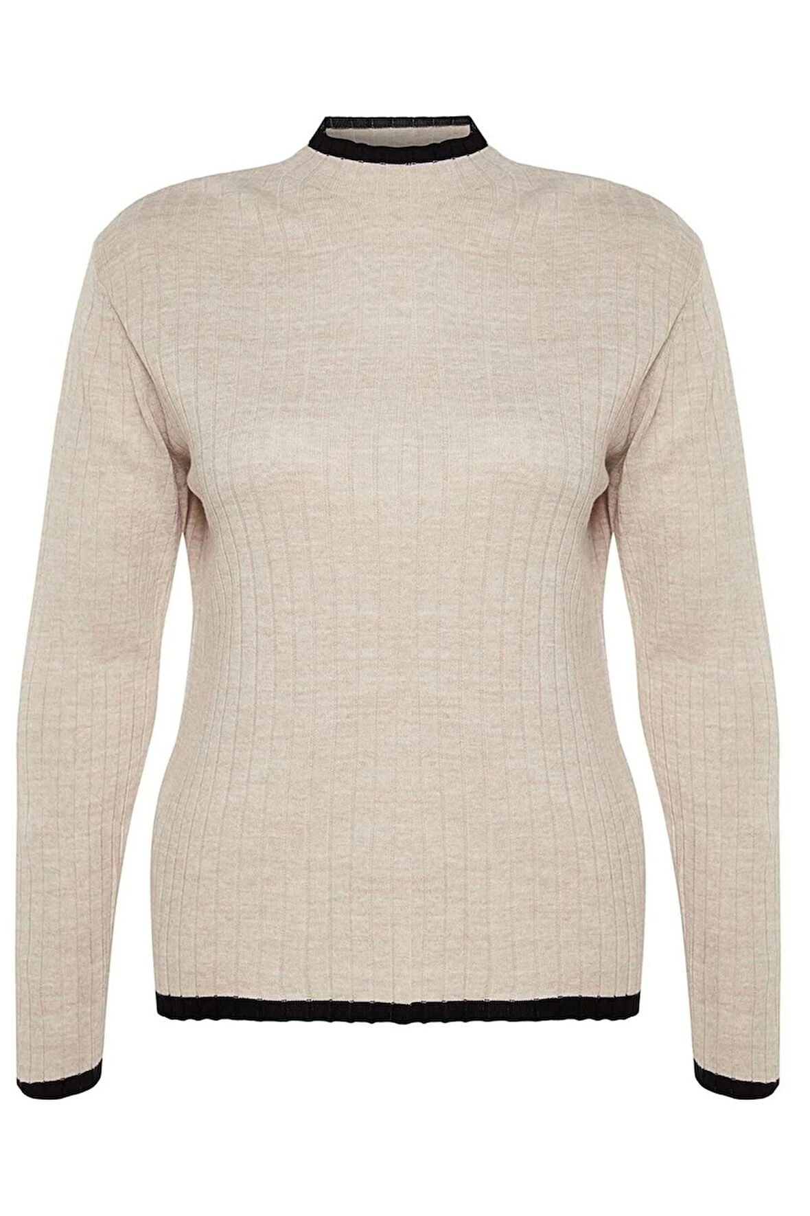 Kadın Büyük Beden Moda Şık Regular Dik Yaka Uzun Kol Düz Çizgi Detaylı Triko Kazak