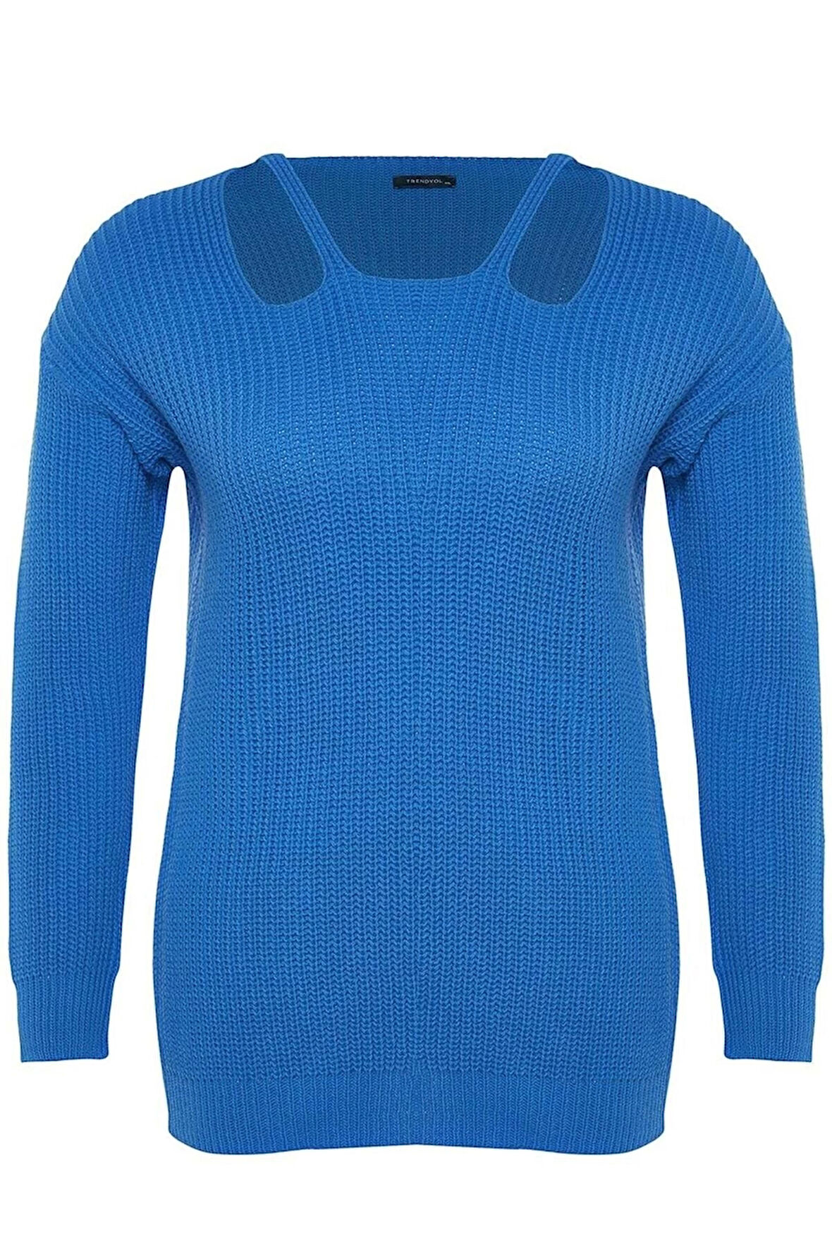 Kadın Büyük Beden Moda Regular Kare Yaka Uzun Kol Düz İndigo Önü Pencere Cut Out Detaylı Triko Kazak