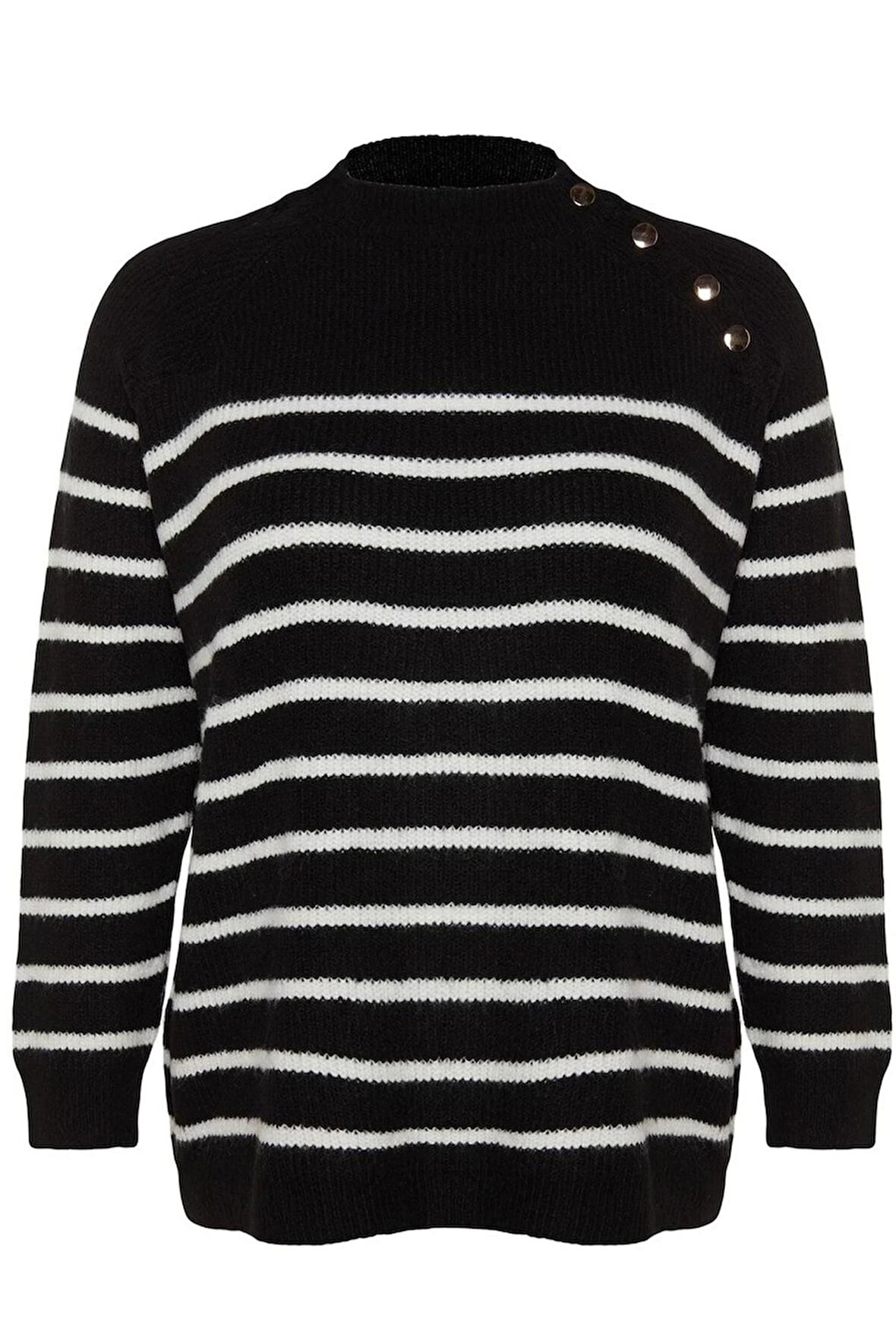 Kadın Büyük Beden Moda Şık Regular Bisiklet Yaka Uzun Kol Çizgili Gold Düğme Detaylı Triko Kazak