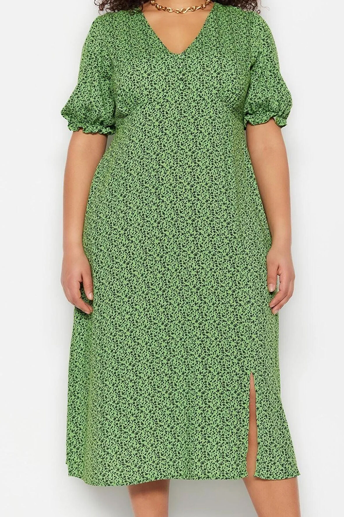 Yeni Rahat Casual Günlük Shally Dokuma V Yaka Kısa Kol A-Line Midi Boy Büyük Beden Elbise