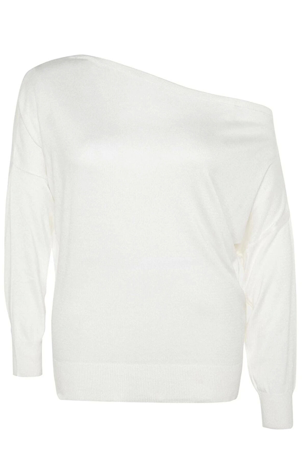 Kadın Büyük Beden Moda Şık Regular Carmen Yaka Uzun Kol Düz Gri Kayık Yaka Triko Kazak