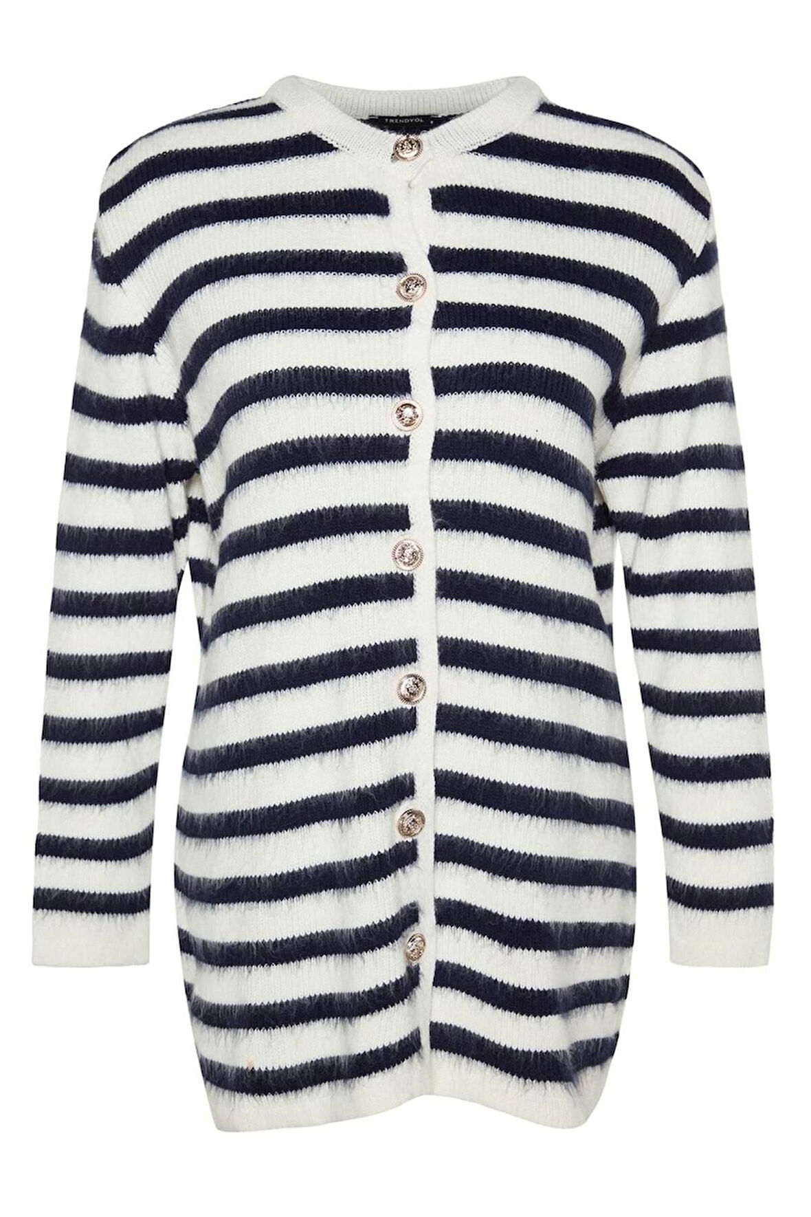 Kadın Tesettür Regular Bisiklet Yaka Uzun Kol Çizgili Gold Düğme Detaylı Yumuşak Dokulu Triko Hırka