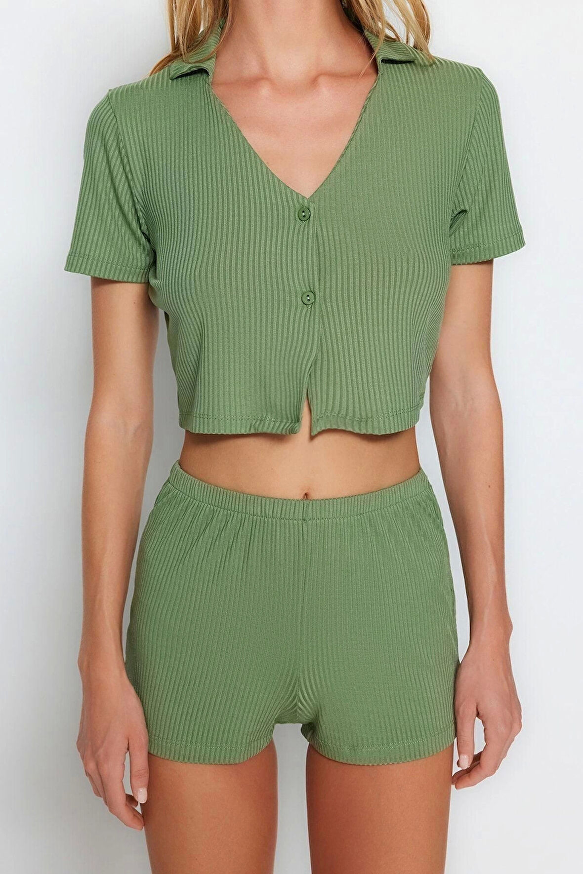Kadın Polyester V Yaka Kısa Kol Pembe Fitilli Crop T-shirt-Şort Örme Pijama Takımı