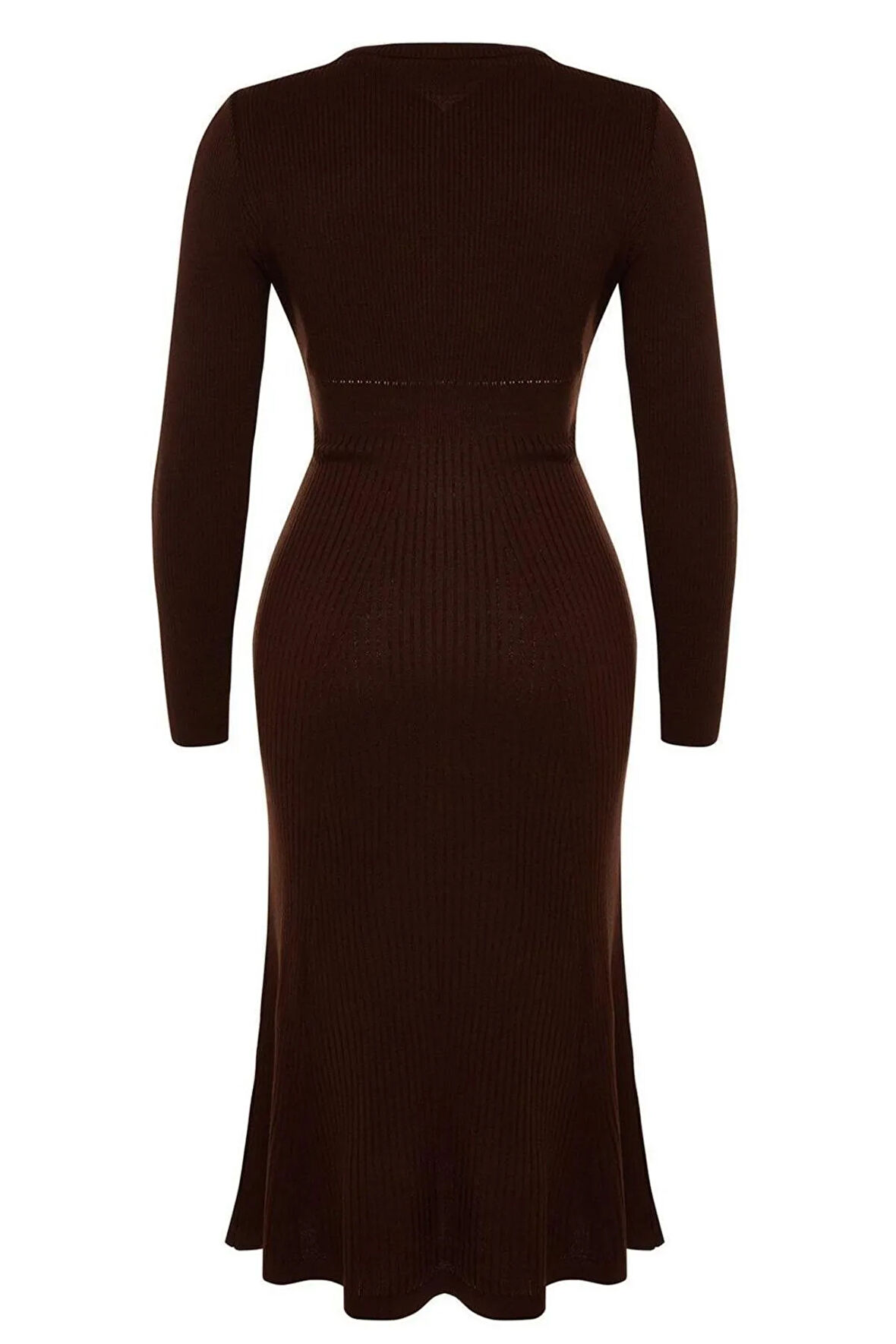 Yeni Fit Casual Günlük Fitilli Triko Bisiklet Yaka Uzun Kol A-Line Midi Boy Büyük Beden Elbise