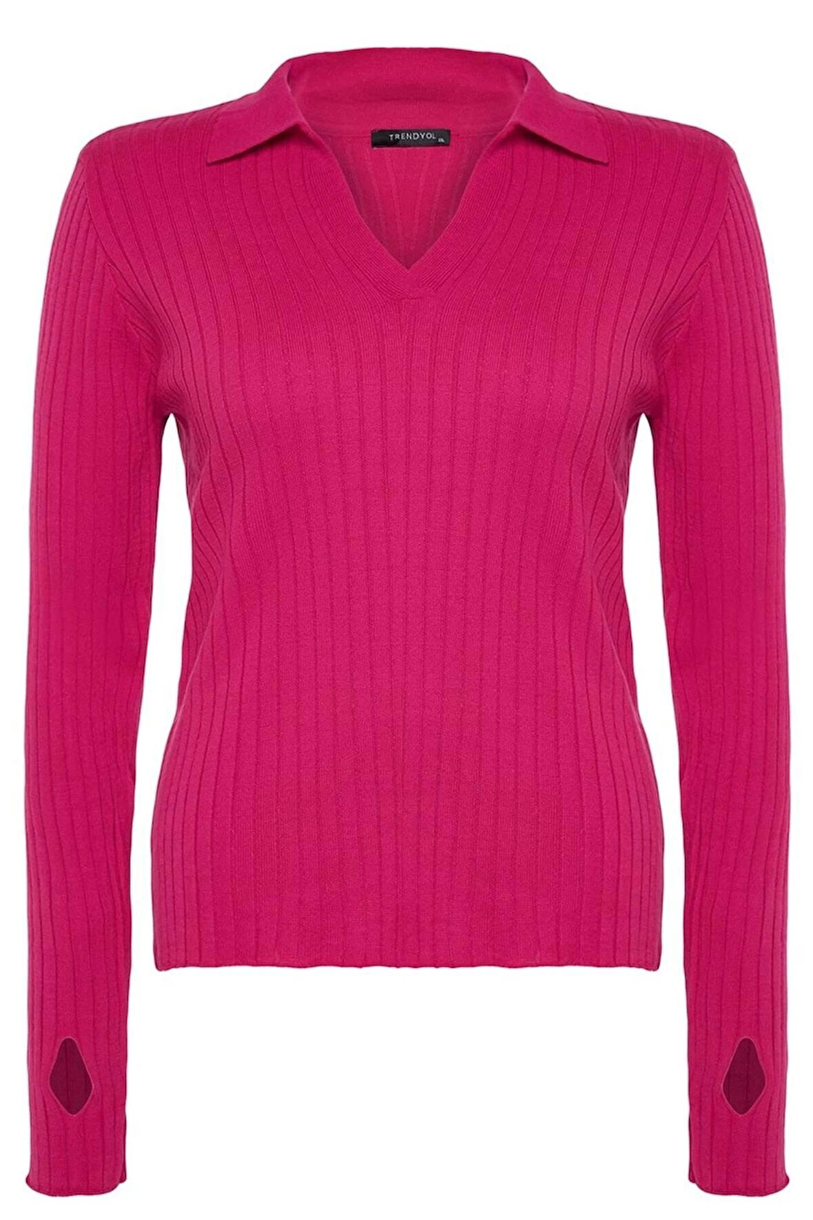 Kadın Büyük Beden Moda Şık Regular Polo Yaka Uzun Kol Düz Kol Ucu Detaylı Polo Yaka Triko Kazak