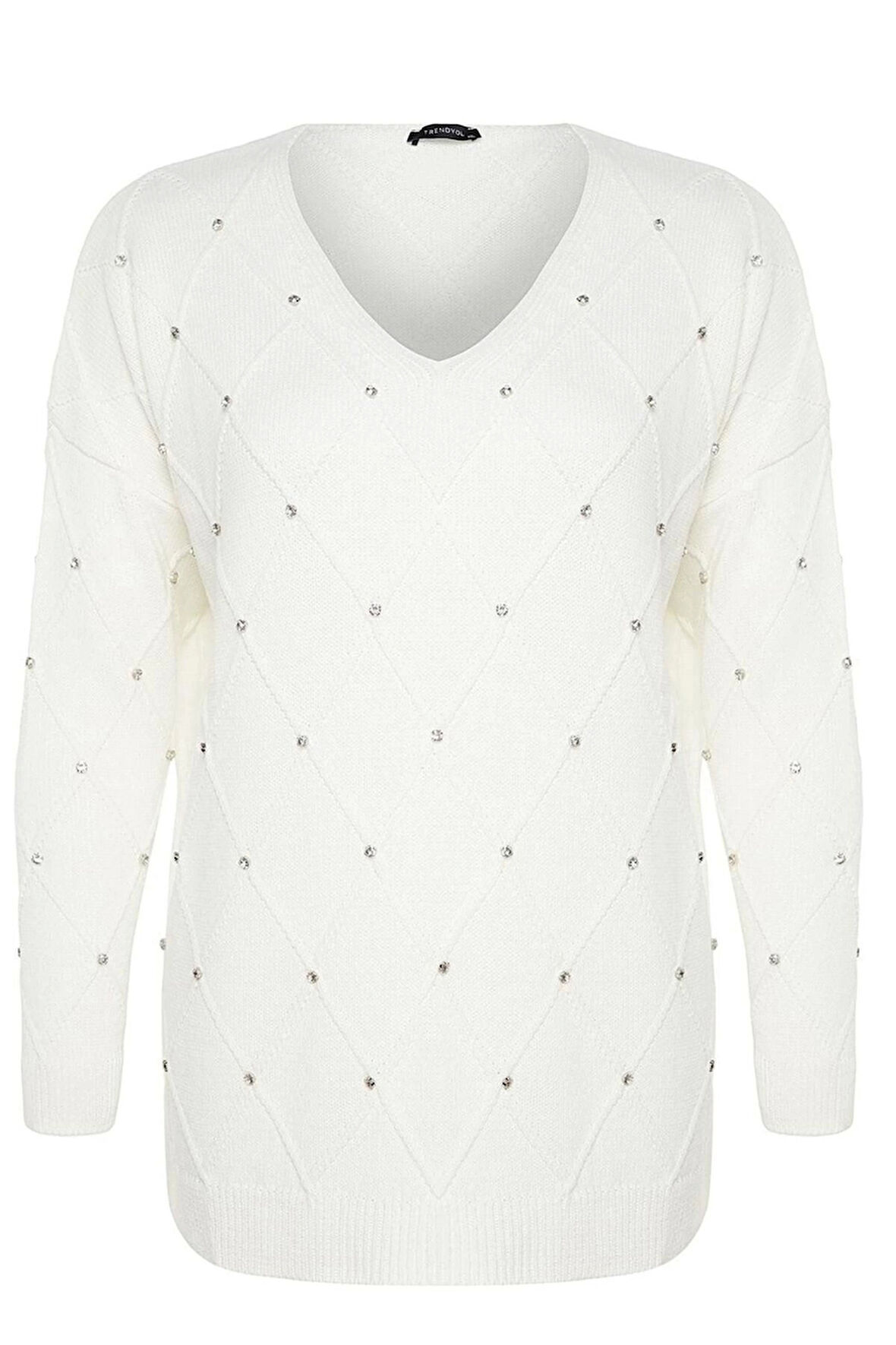 Kadın Büyük Beden Moda Şık Regular V Yaka Uzun Kol Saç Örgü Taş İşlemeli Triko Kazak