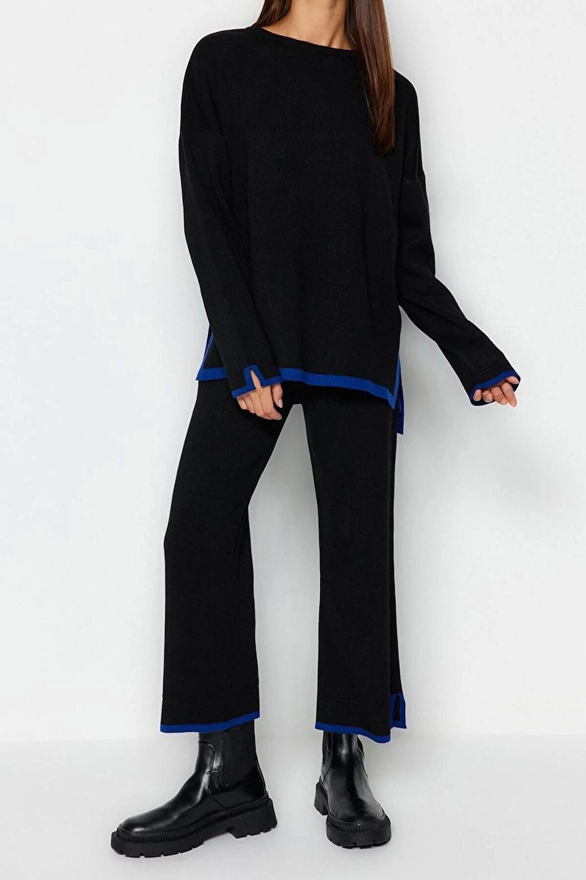 Kadın Moda Şık Regular Boy Uzun Kollu Geniş Kalıp Kontrast Renkli Triko Alt-Üst Takım