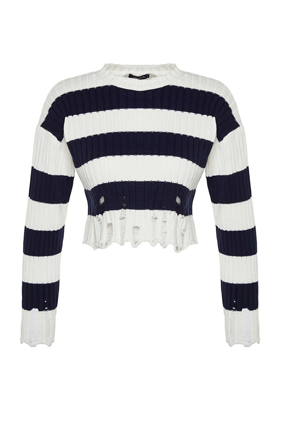 Kadın Moda Şık Bisiklet Yaka Düşük Kol Crop Geniş Kalıp Çizgili Triko Kazak