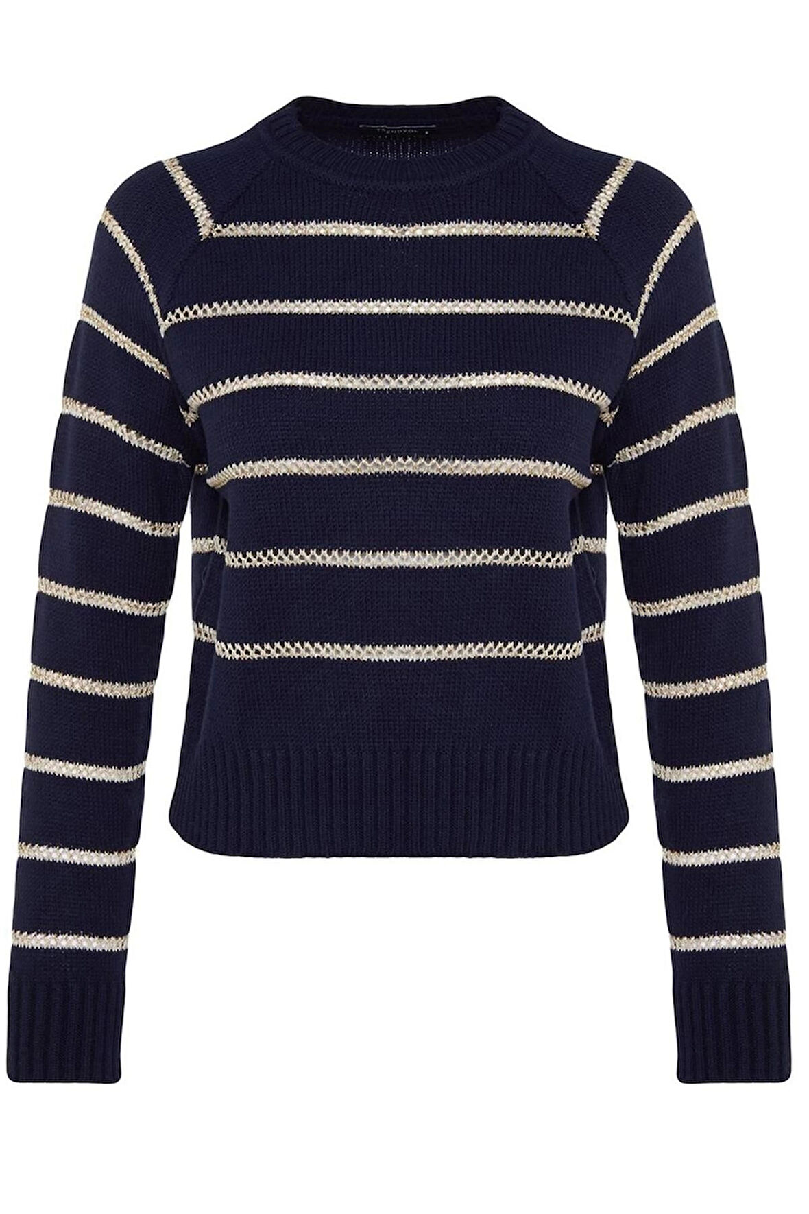 Kadın Moda Şık Regular Bisiklet Yaka Uzun Kol Çizgili Simli Triko Kazak