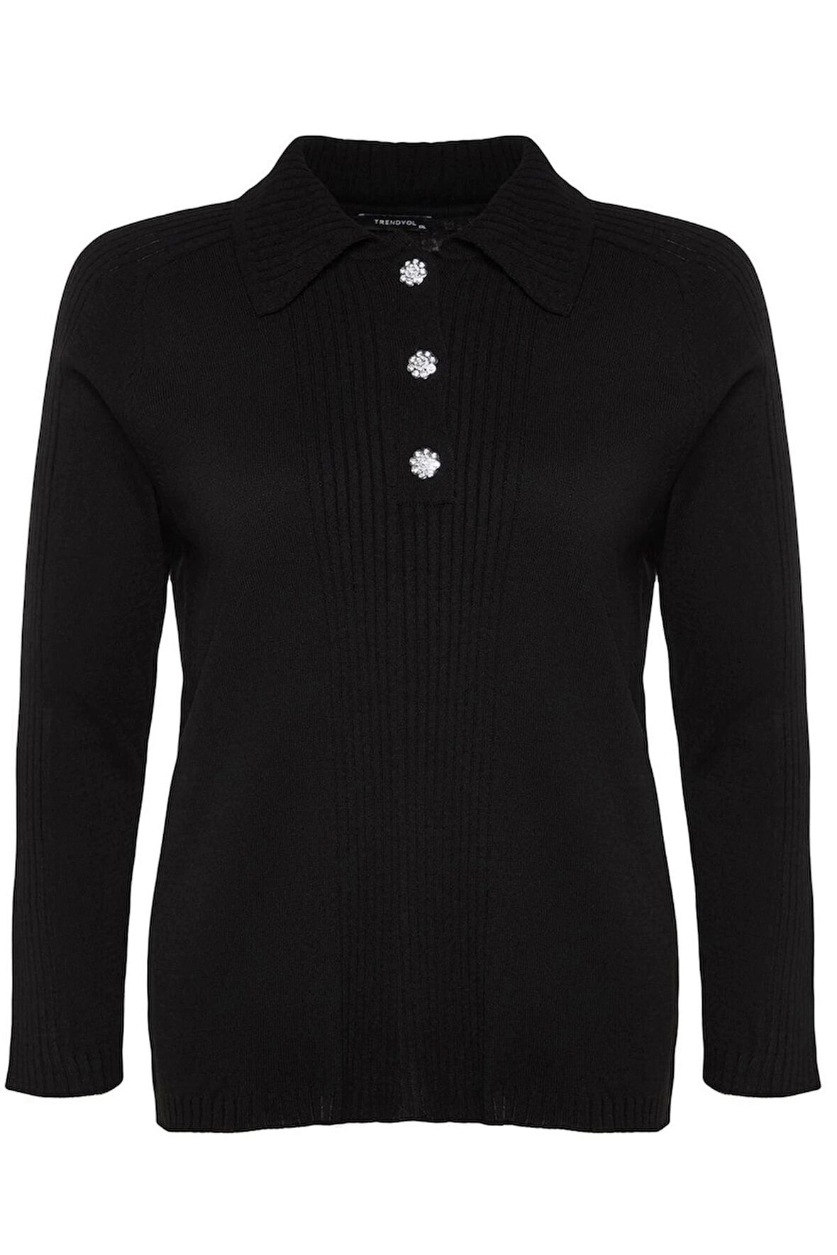 Kadın Büyük Beden Moda Şık Regular Polo Yaka Uzun Kol Düz Polo Yaka Düğme Kapamalı Triko Kazak