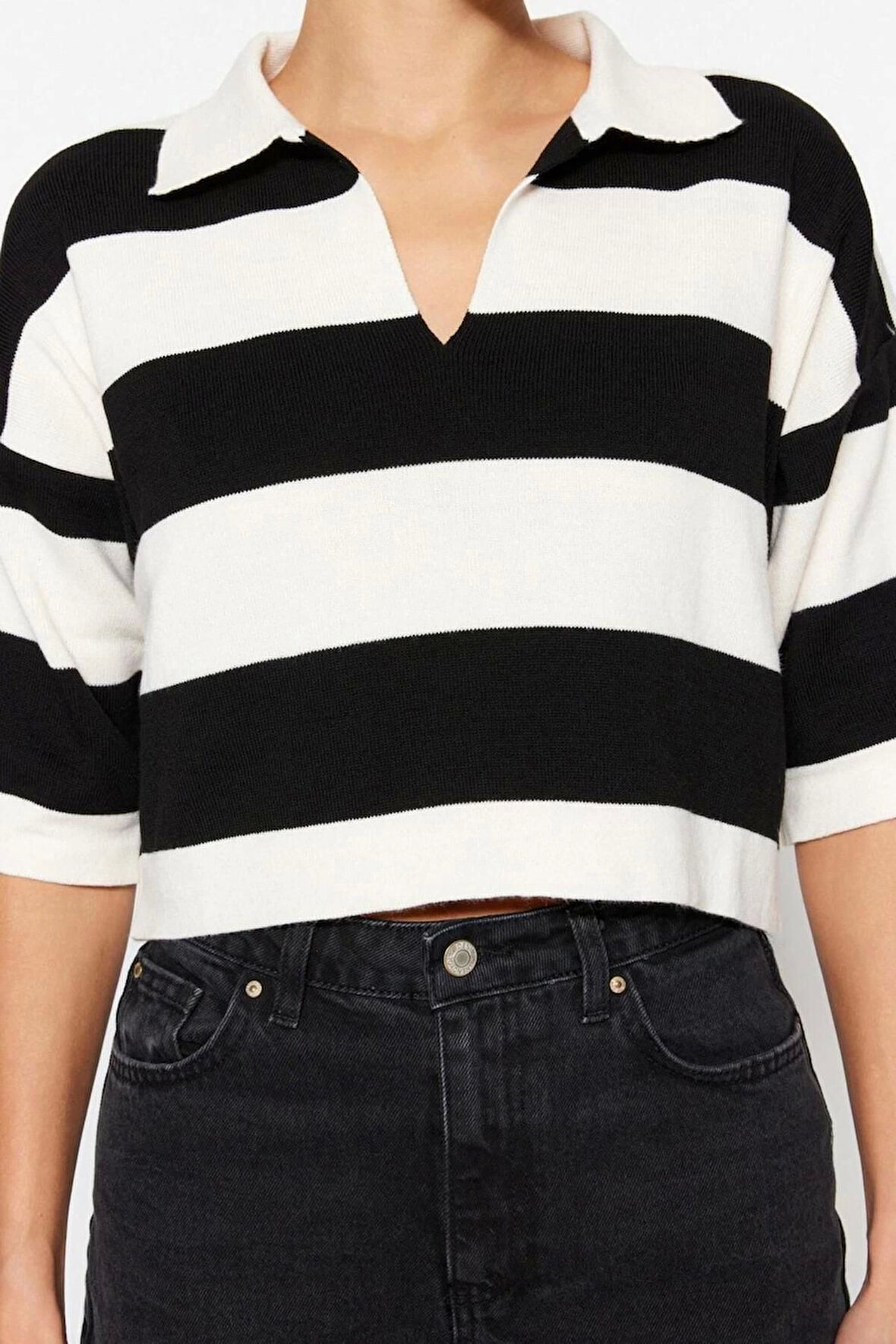 Kadın Moda Şık Crop Polo Yaka Truvakar Kol Kol Çizgili Crop Polo Yaka Basic Triko Kazak
