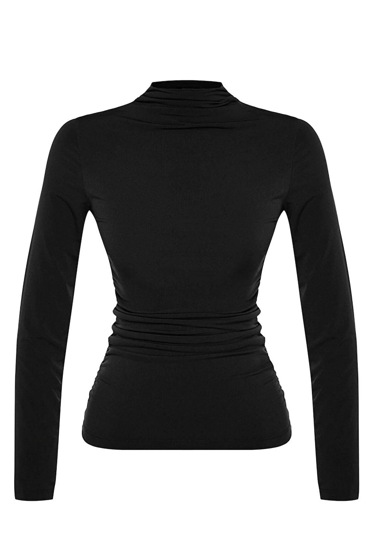 Kadın Moda Şık Regular Dik Yaka Slim Kalıp Örme Büzgü Detaylı Fitted Vücuda Kol Oturan Esnek Bluz