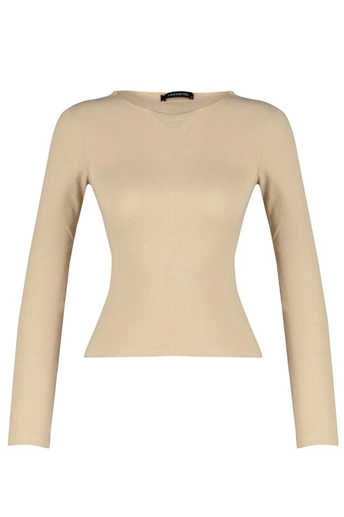Kadın Moda Şık Regular Bisiklet Yaka Slim Kalıp Örme Fitilli Fitted Vücuda Oturan Pamuklu Esnek Bluz