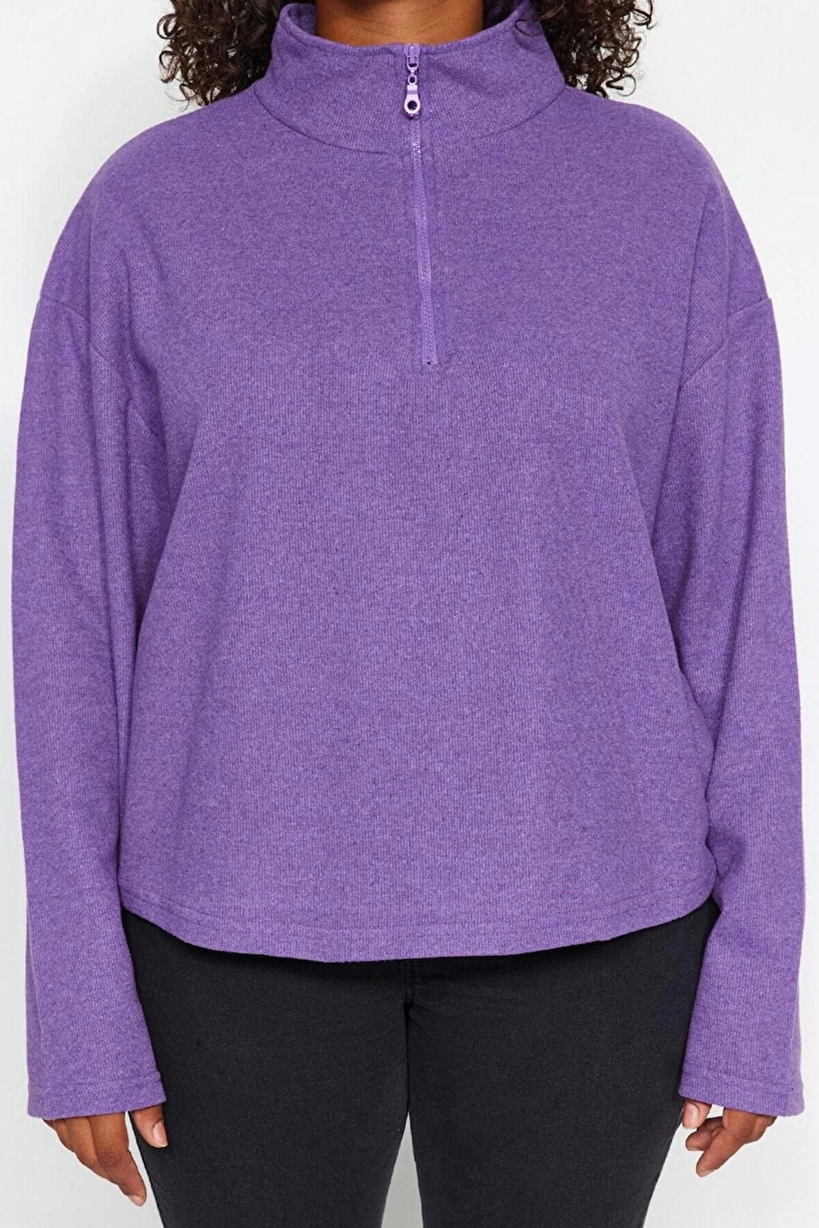 Kadın Büyük Beden Moda Şık Regular Dik Yaka Düşük Kol Crop Sweatshirt