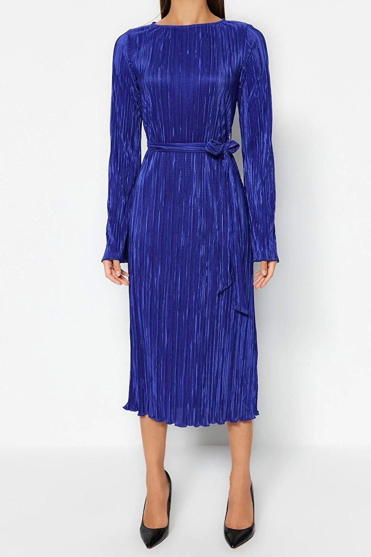 Yeni Regular Gündüz Gece Pilise Örme Kayık Yaka Uzun Kol A-Line Midi Boy Elbise