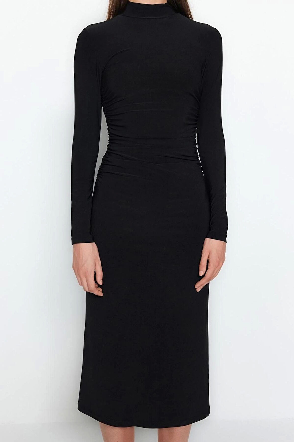 Kadın Moda Şık Midi Boy Dik Yaka Slim Düz Drape Detaylı A-Line Esnek Örme Örme Elbise