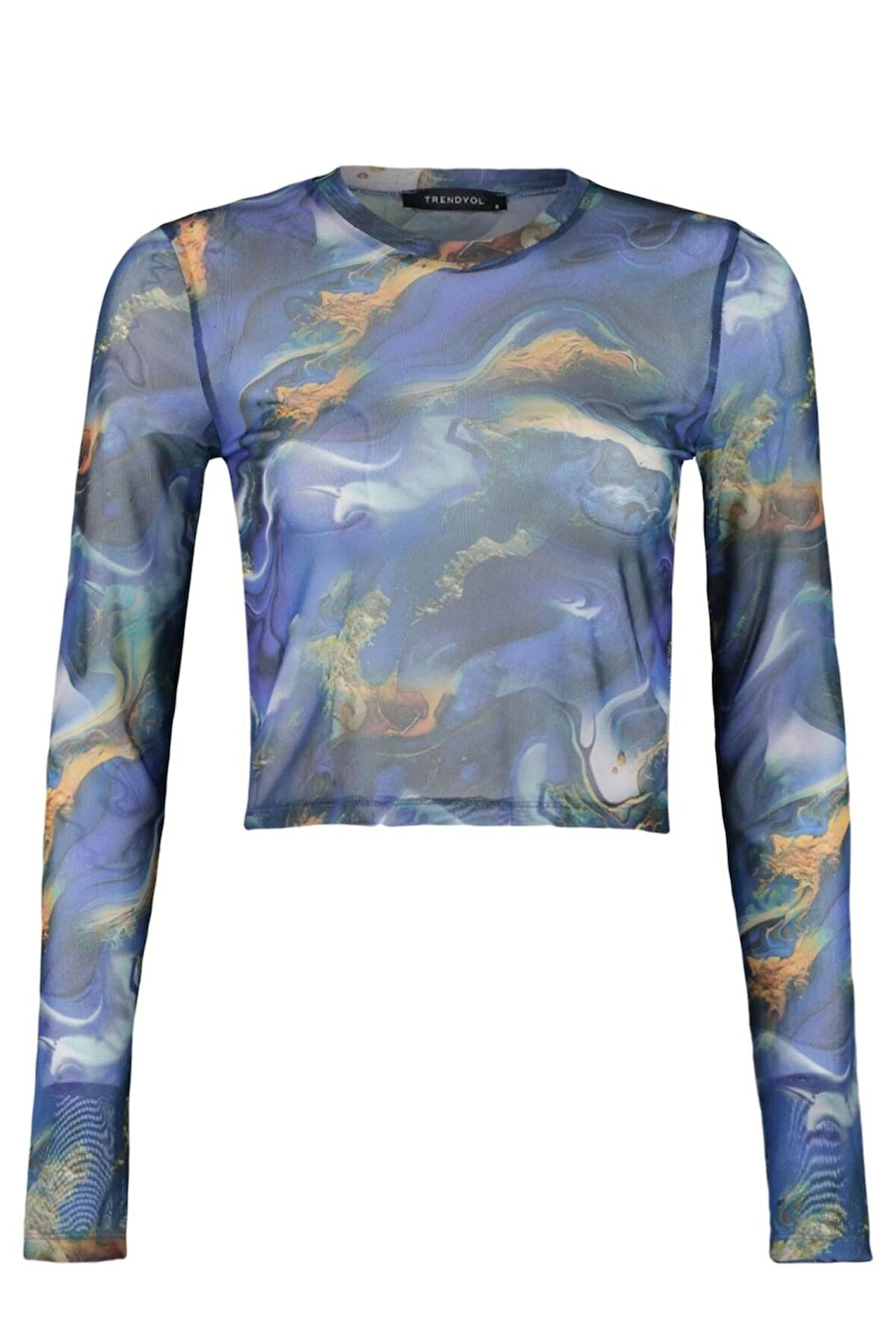 Kadın Moda Şık Crop Bisiklet Yaka Slim Kalıp Örme Baskılı Tül Fitted Vücuda Oturan Esnek Bluz