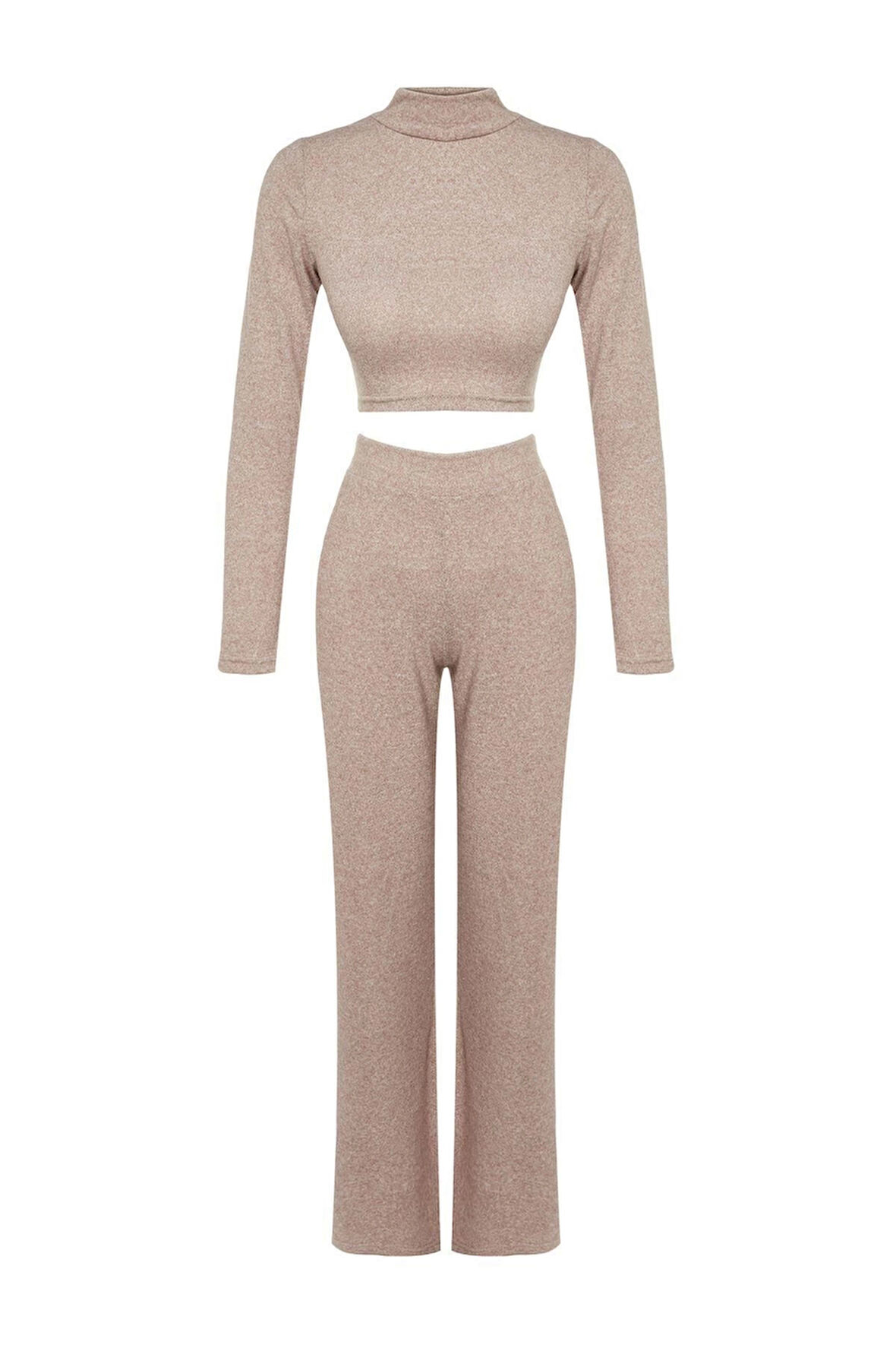 Kadın Moda Şık Geniş Paça Uzun Boy Dik Yaka Yumoş Crop ve Geniş Paça Örme Alt-Üst Takım