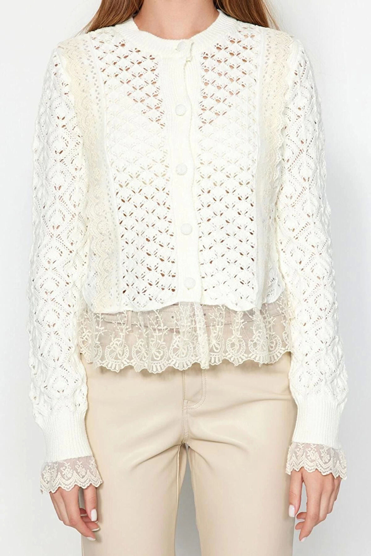 Kadın Moda Şık Crop Bisiklet Yaka Regular Crop Dantelli Ajurlu Delikli Triko Hırka