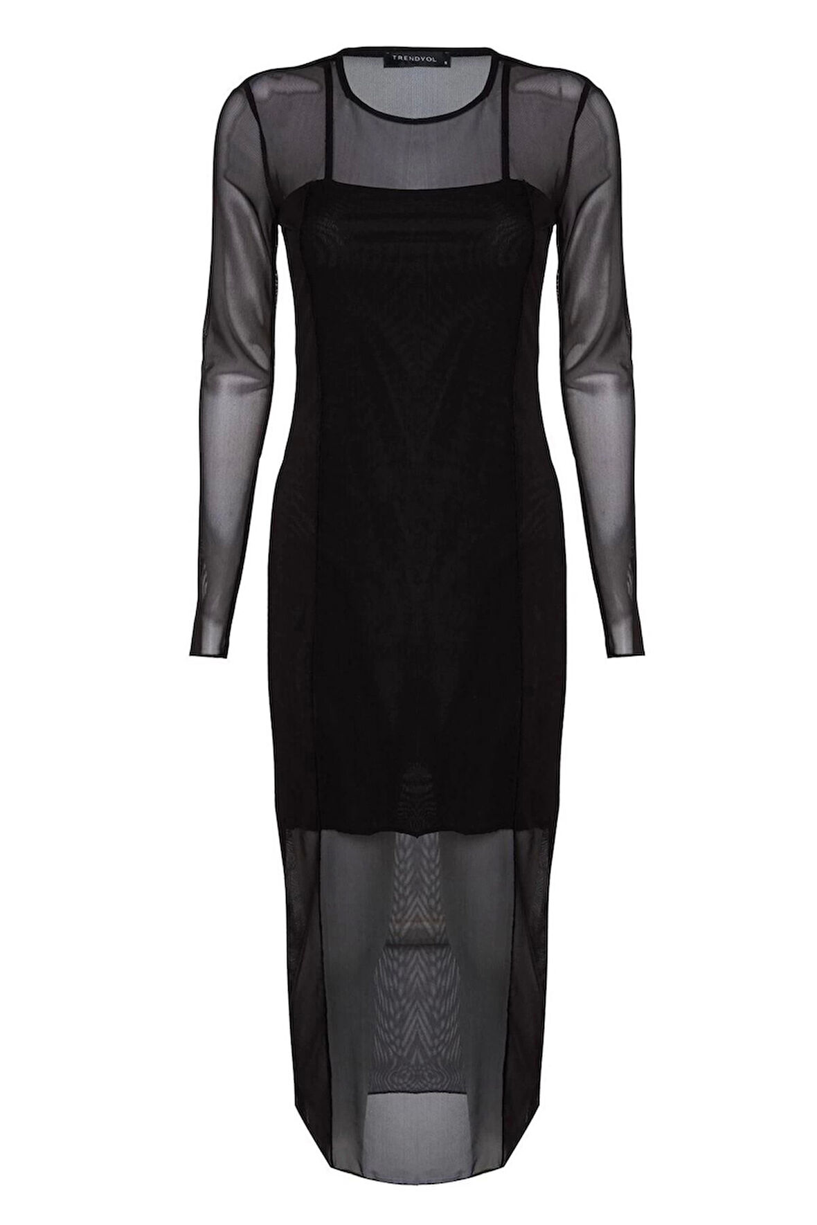Kadın Moda Şık Midi Boy Bisiklet Yaka Slim Tül Astarlı Vücuda Oturan Örme Elbise