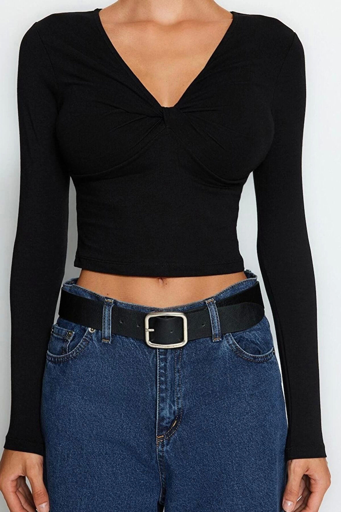 Kadın Moda Şık Regular V Yaka Slim Kalıp Örme Pamuklu Göğsü Büzgülü Fitted Vücuda Oturan Boy Bluz