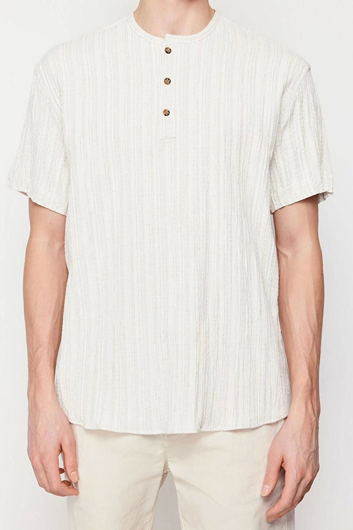 Erkek Moda Kısa Kol Dokuma Ekru Keten İçerikli Oversize Fit Gömlek