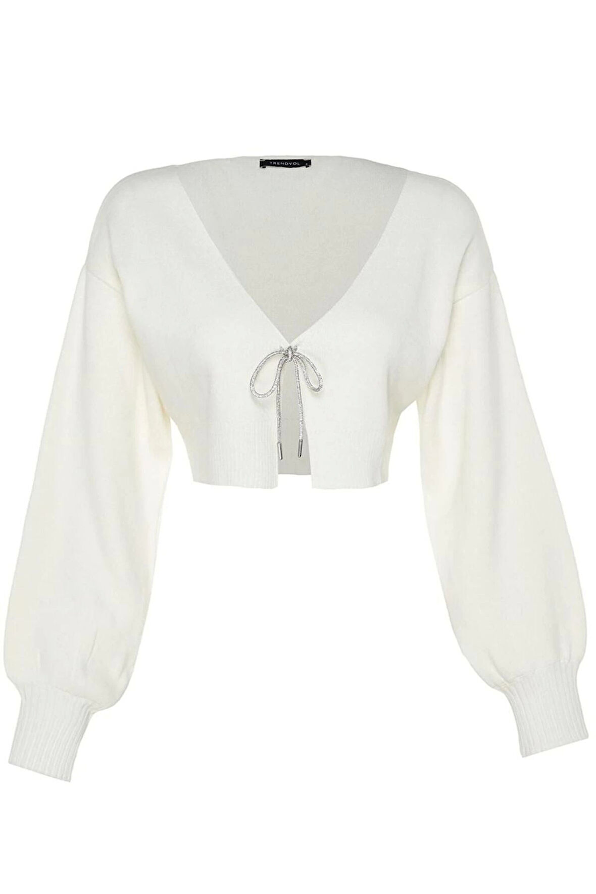 Kadın Moda Şık Crop V Yaka Uzun Kol Düz Süper Crop Basic Fiyonklu Triko Hırka