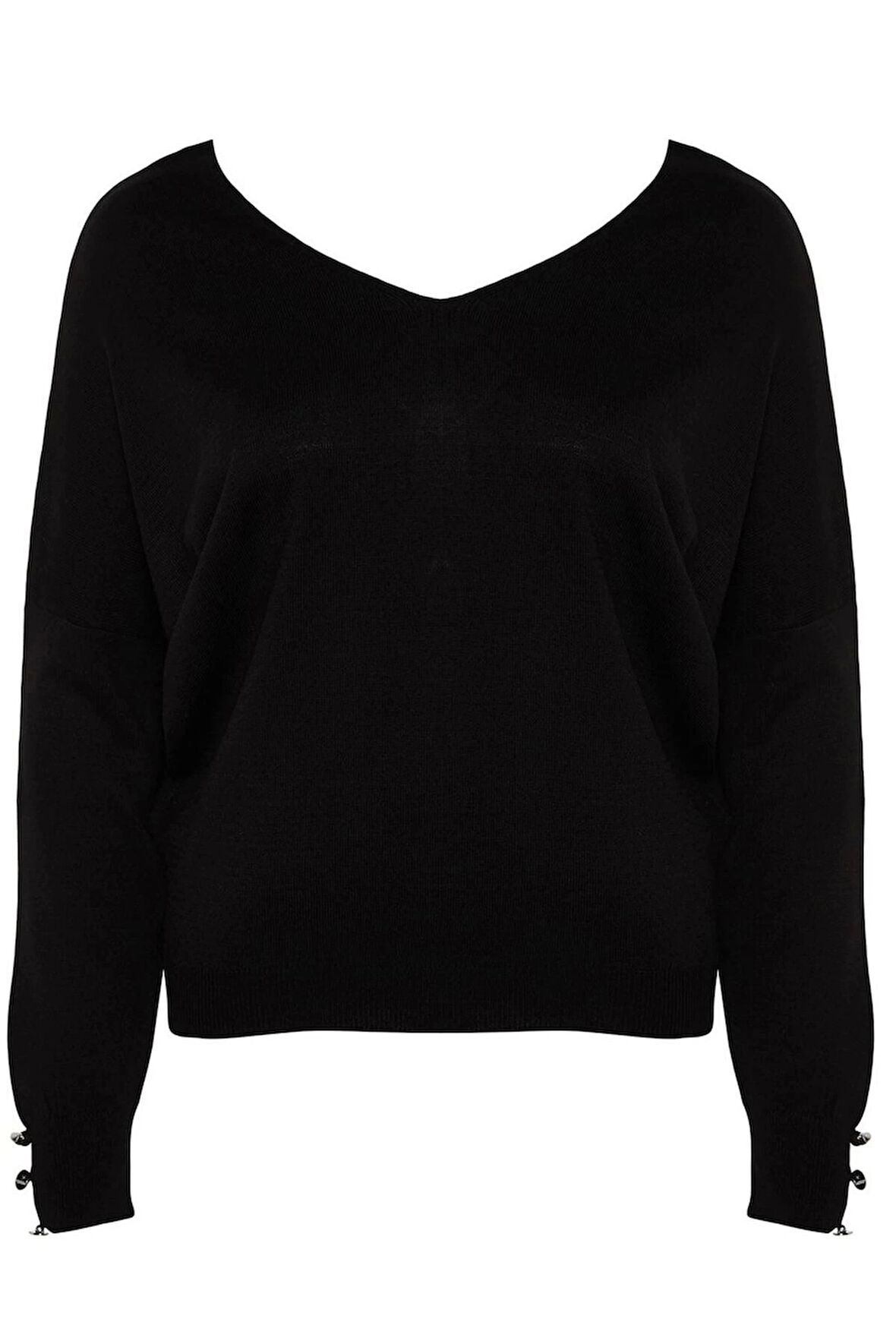 Kadın Büyük Beden Moda Şık Regular V Yaka Uzun Kol Düz Sırt Detaylı Triko Kazak