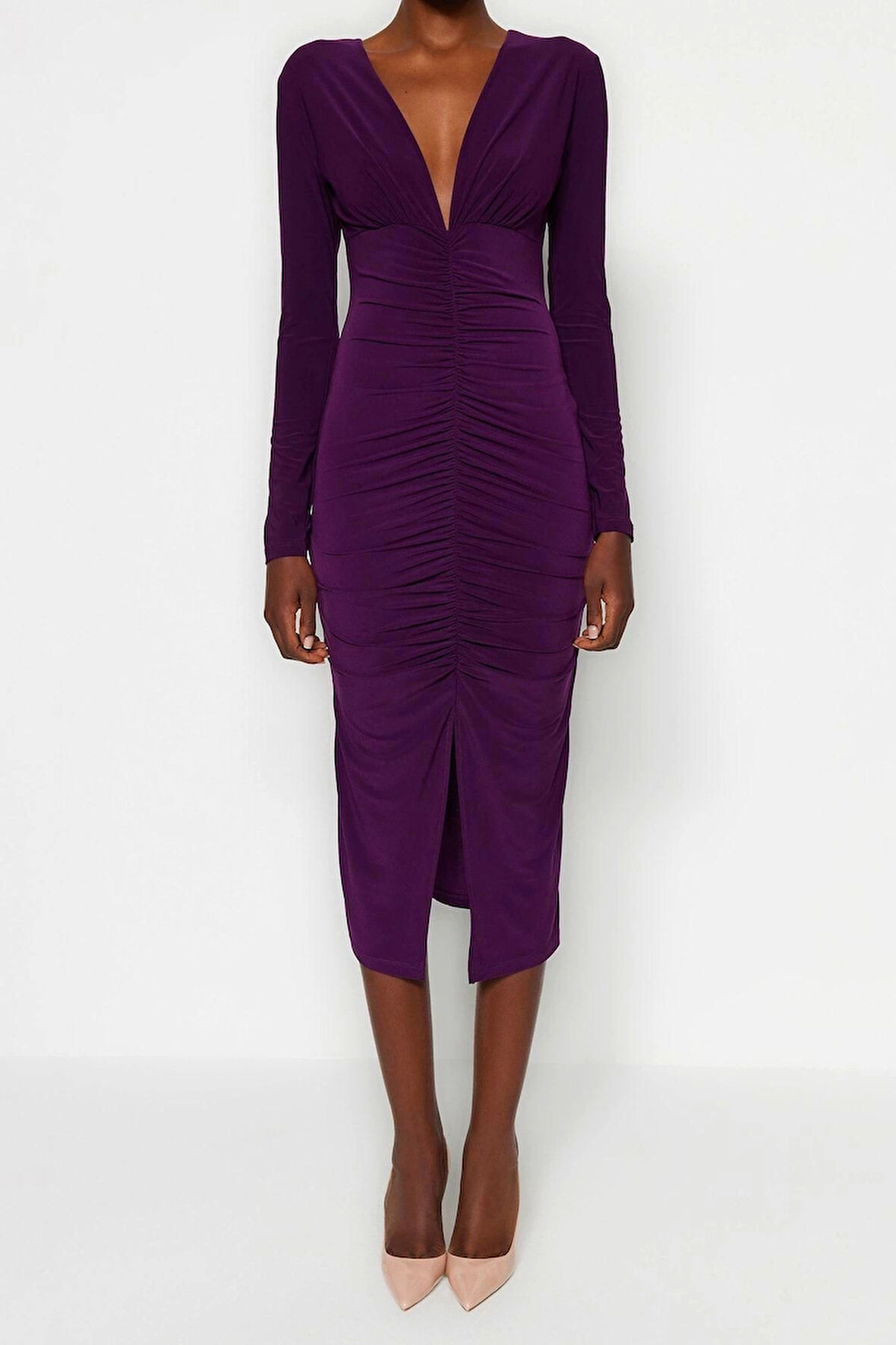 Kadın Moda Şık Midi Boy V Yaka Slim Düz Büzgülü Drapeli Fitted Vücuda Oturan Esnek Örme Elbise