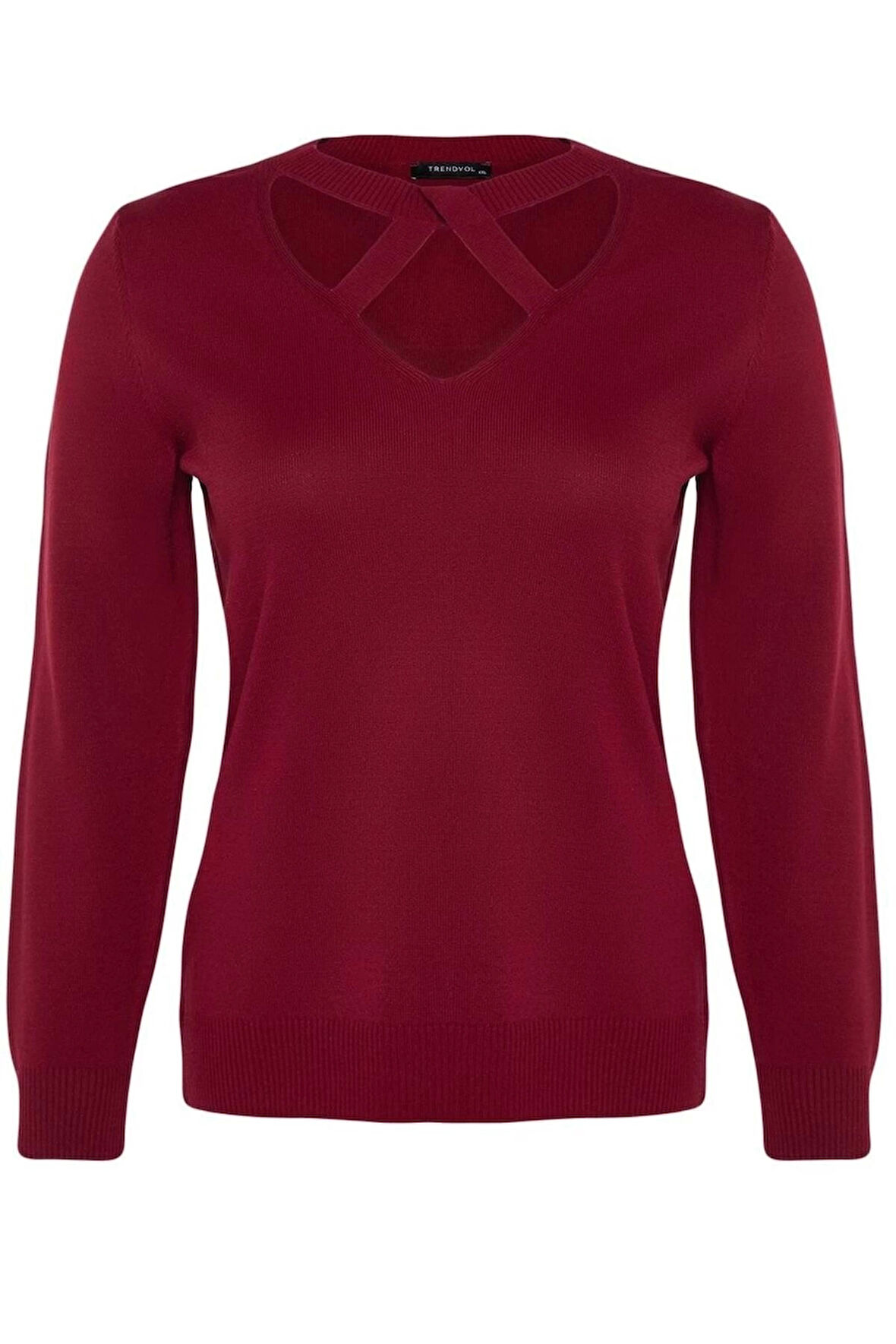 Kadın Büyük Beden Moda Şık Regular V Yaka Uzun Kol Düz Pencere Cut Out Detaylı Triko Kazak