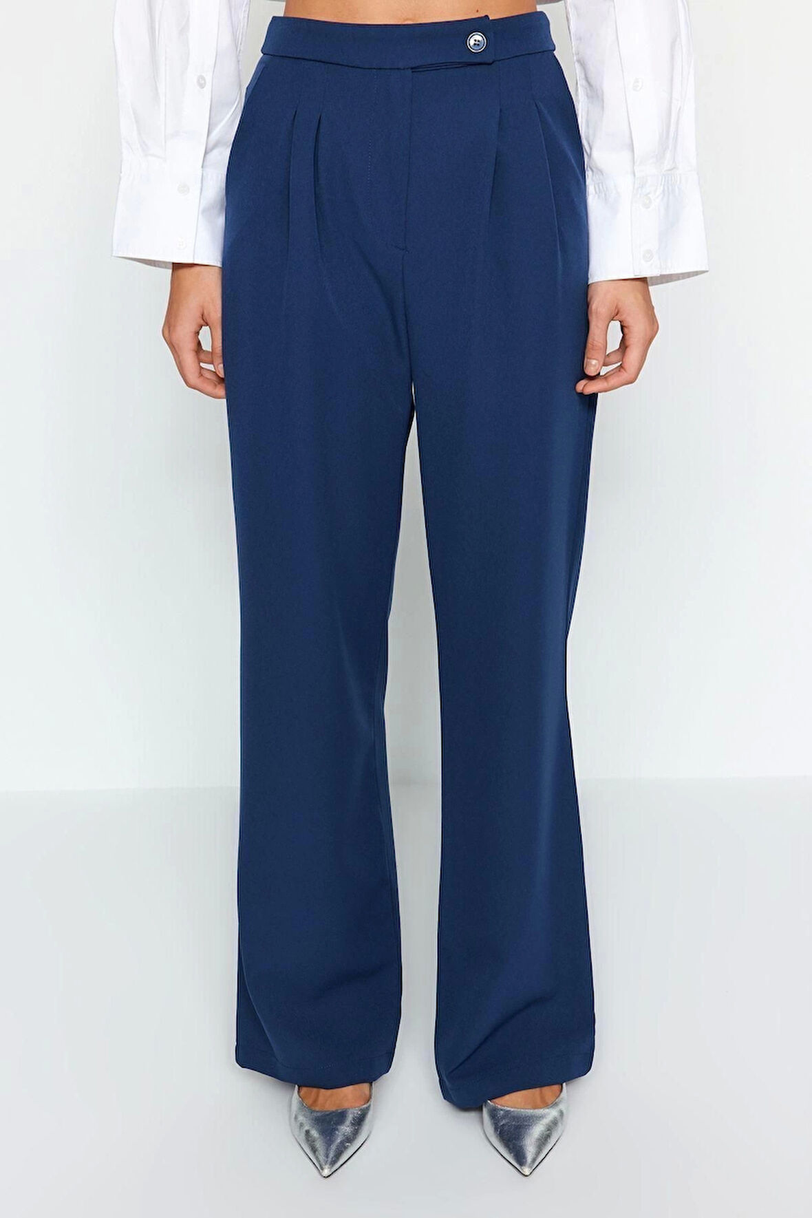 Kadın Yeni Moda Boru Paça Regular Boy Dokuma Wide Leg Geniş Paça Yüksek Bel Pantolon