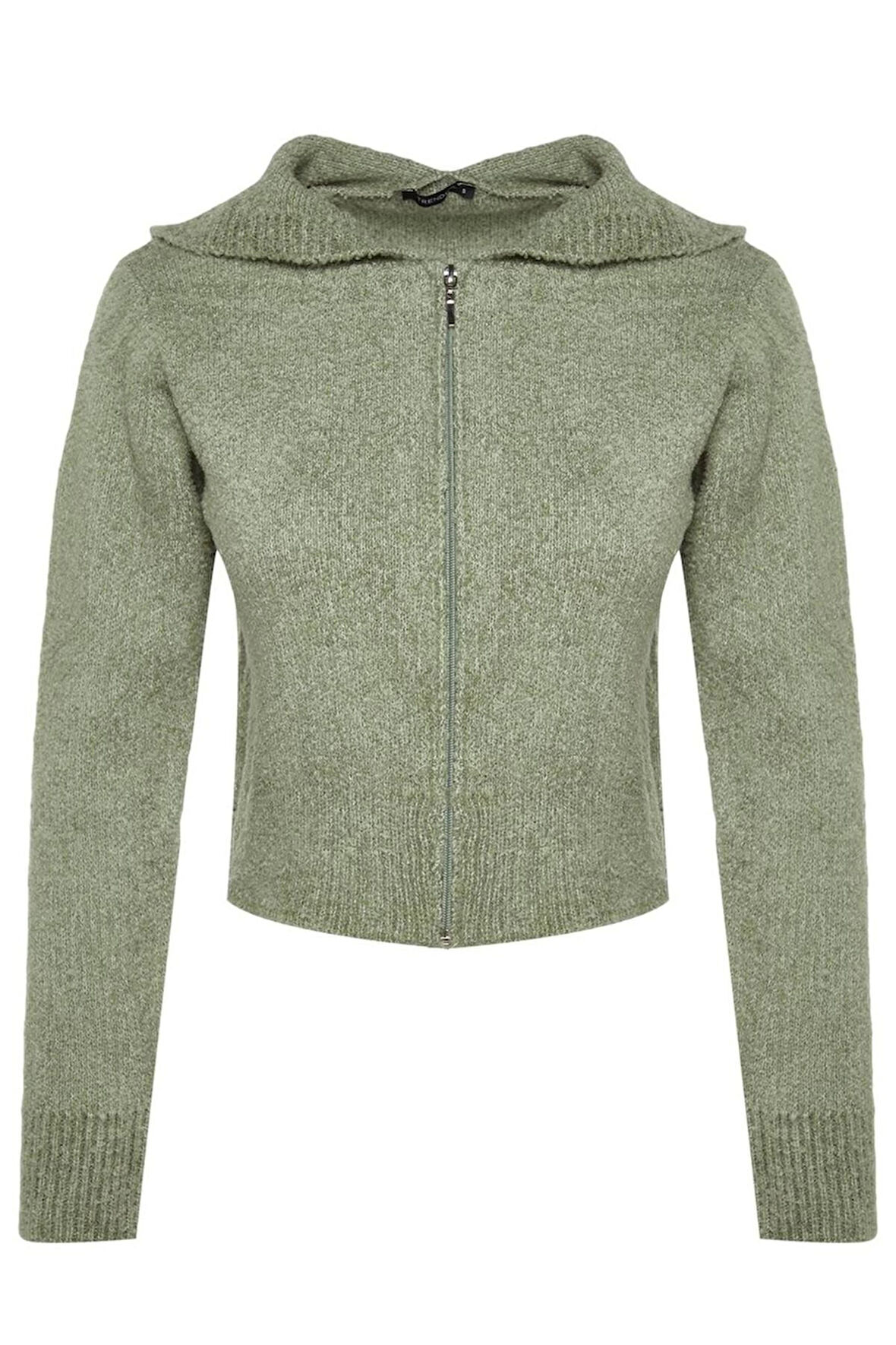 Kadın Moda Şık Crop Kapüşonlu Regular Crop Kapüşonlu Buklet Triko Hırka