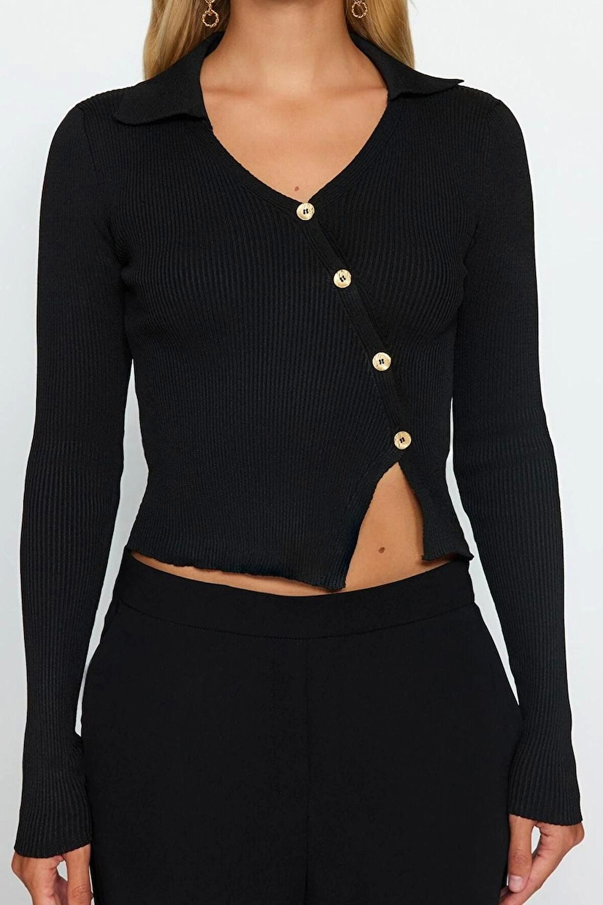 Kadın Moda Şık Polo Yaka Standart Kol Crop Triko Kazak