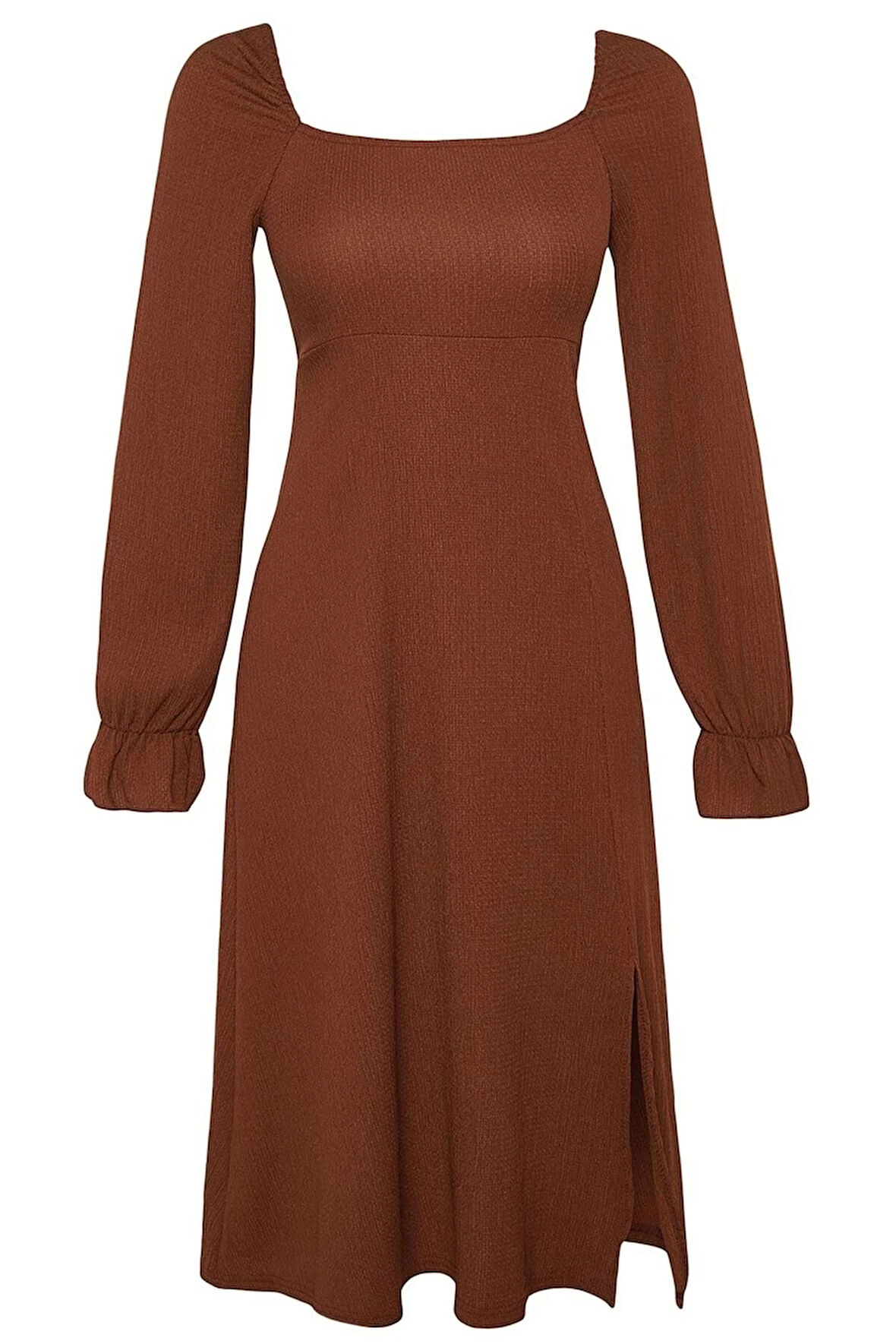 Kadın Moda Şık Midi Boy Kare Yaka Kloş Bürümcük Dokulu Yırtmaçlı Örme Elbise