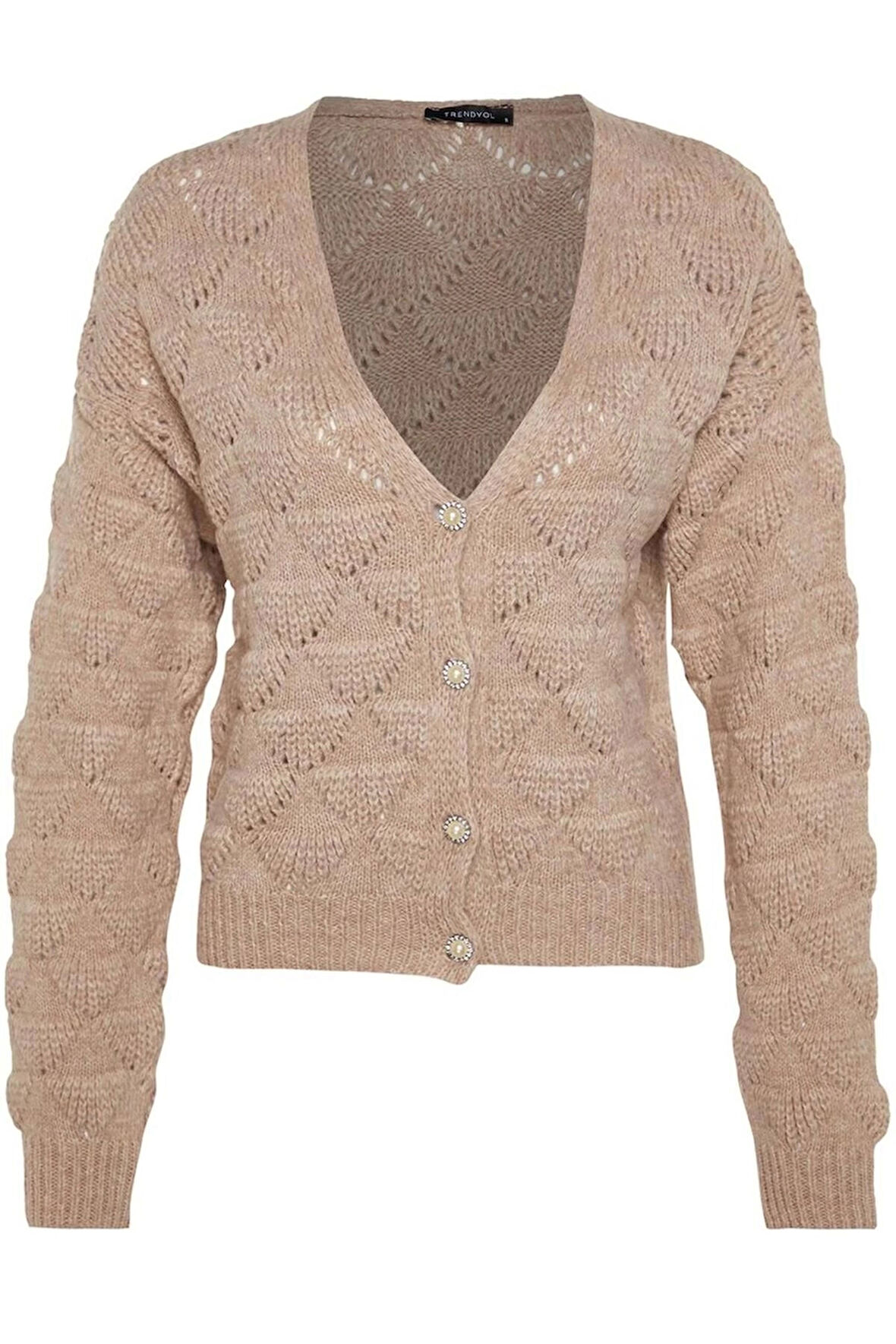 Kadın Moda Şık Regular V Yaka Regular Ajurlu Delikli V Yaka Triko Hırka