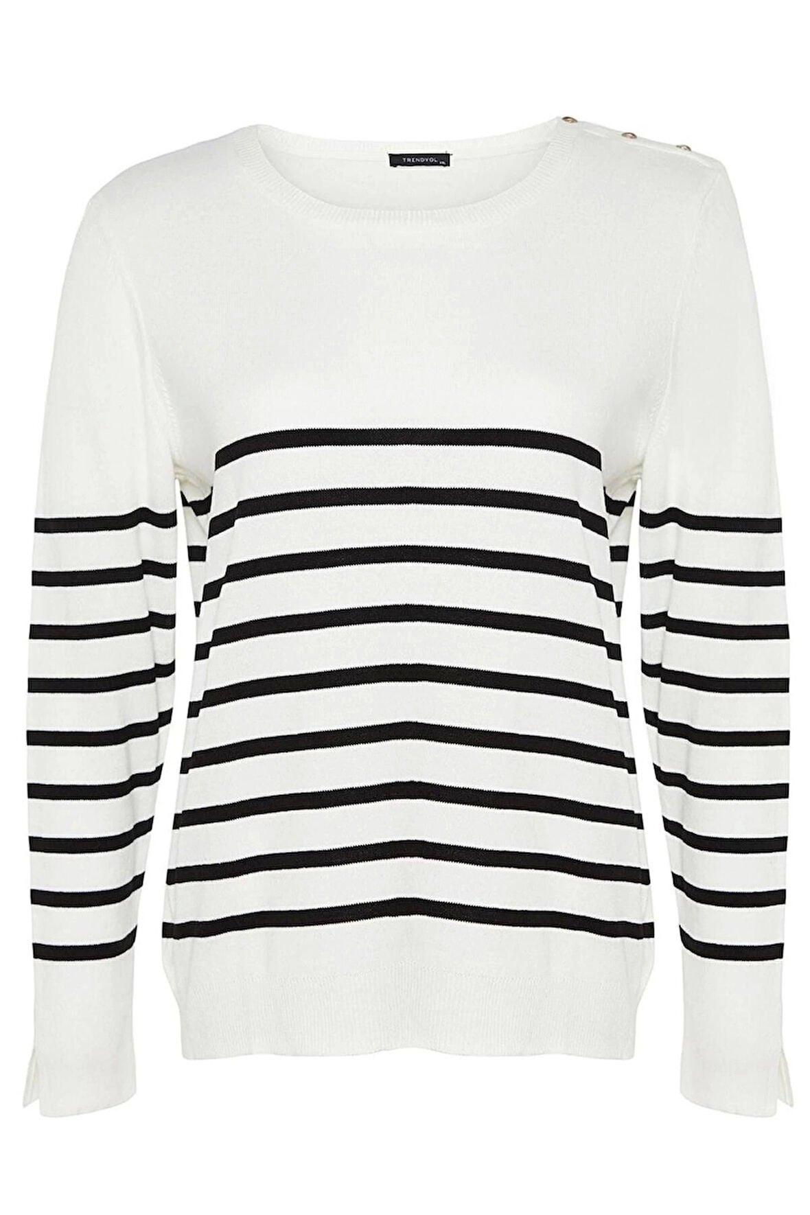 Kadın Büyük Beden Moda Şık Regular Bisiklet Yaka Uzun Kol Çizgili Triko Kazak