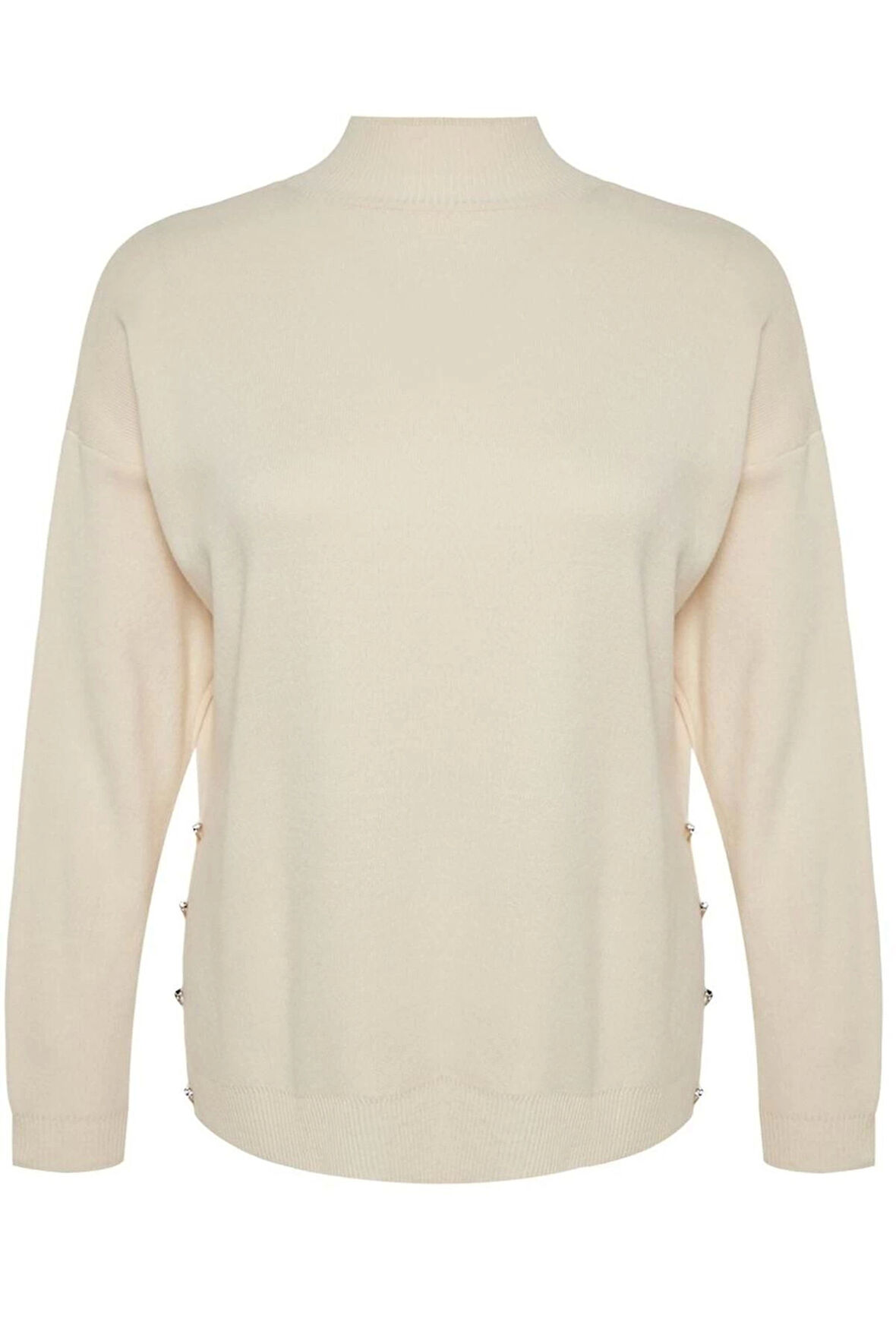 Kadın Büyük Beden Moda Şık Uzun Balıkçı Yaka Uzun Kol Düz Düğme Detaylı Balıkçı Yaka Triko Kazak