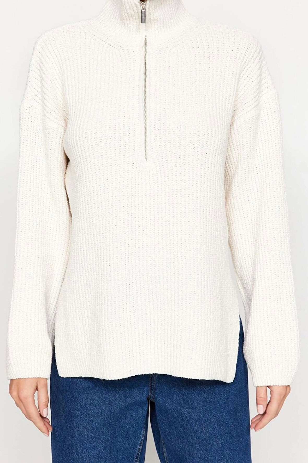 Kadın Moda Şık Dik Yaka Düşük Kol Regular Geniş Kalıp Triko Kazak