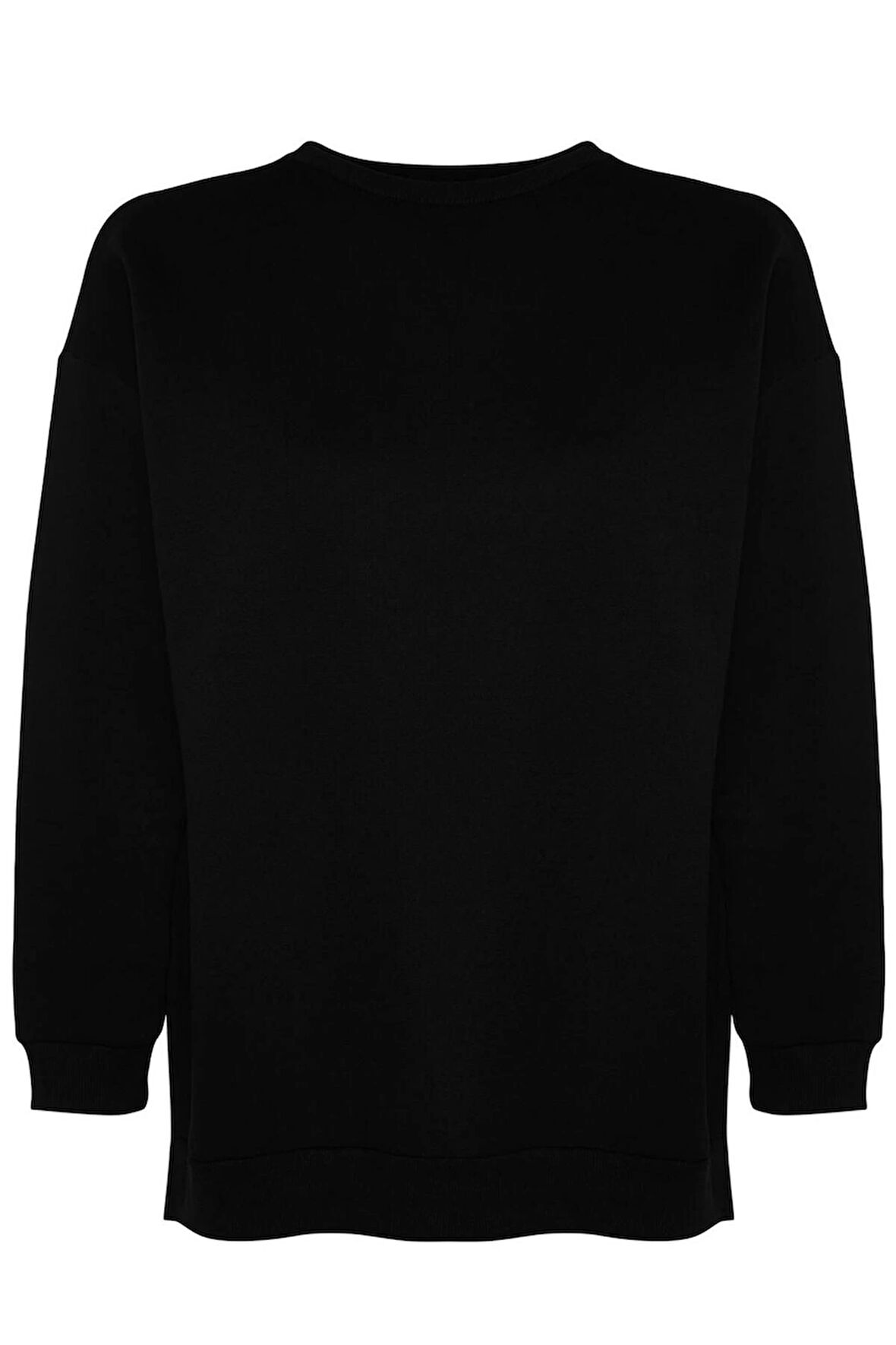 Kadın Büyük Beden Oversize Bisiklet Yaka Standart Kol Kalın İçi Polarlı Yırtmaçlı Örme Sweatshirt