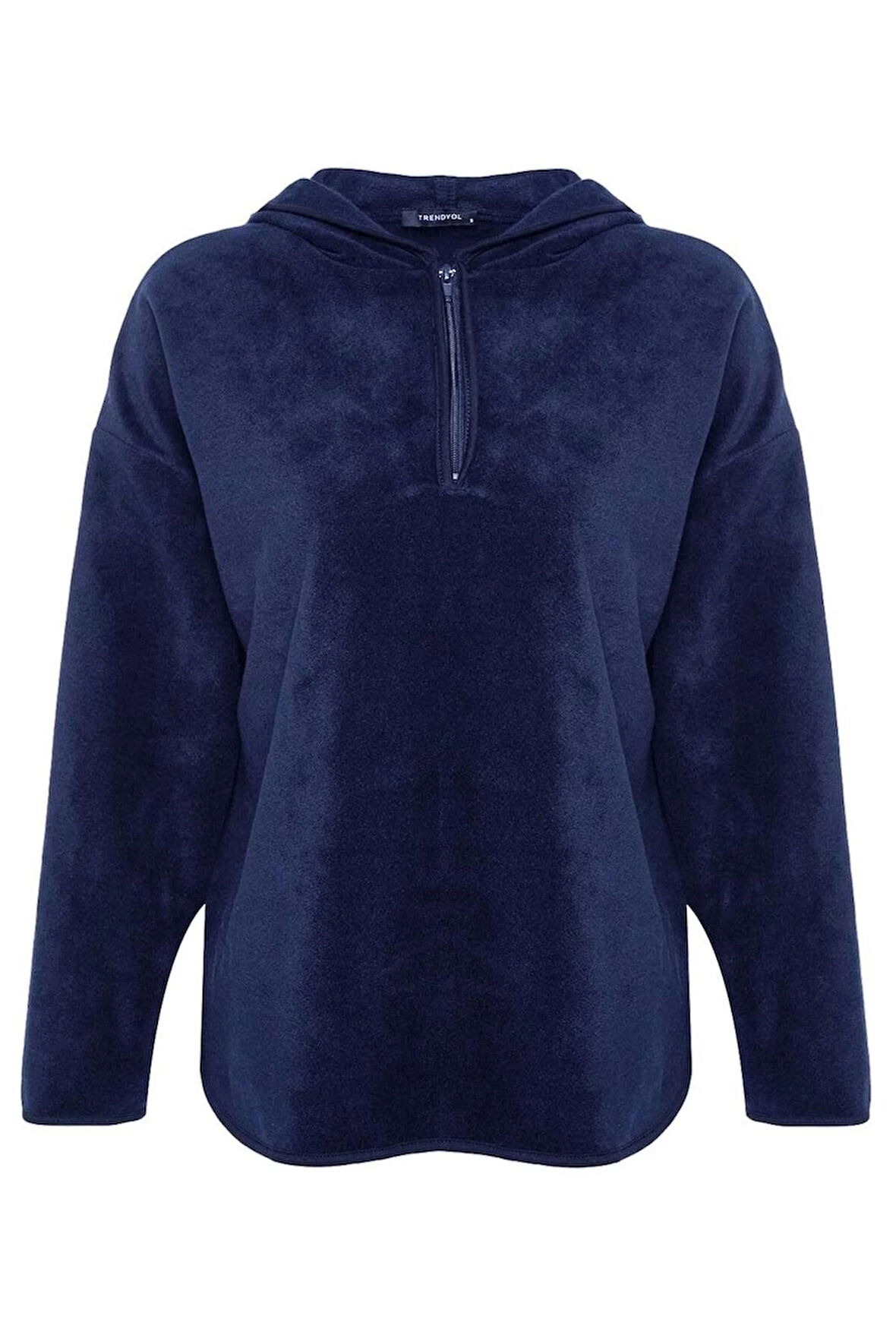 Kadın Moda Şık Bol Kapüşonlu Düşük Kol Uzun Kalın Polar ve Fermuarlı Geniş Kalıp Örme Sweatshirt