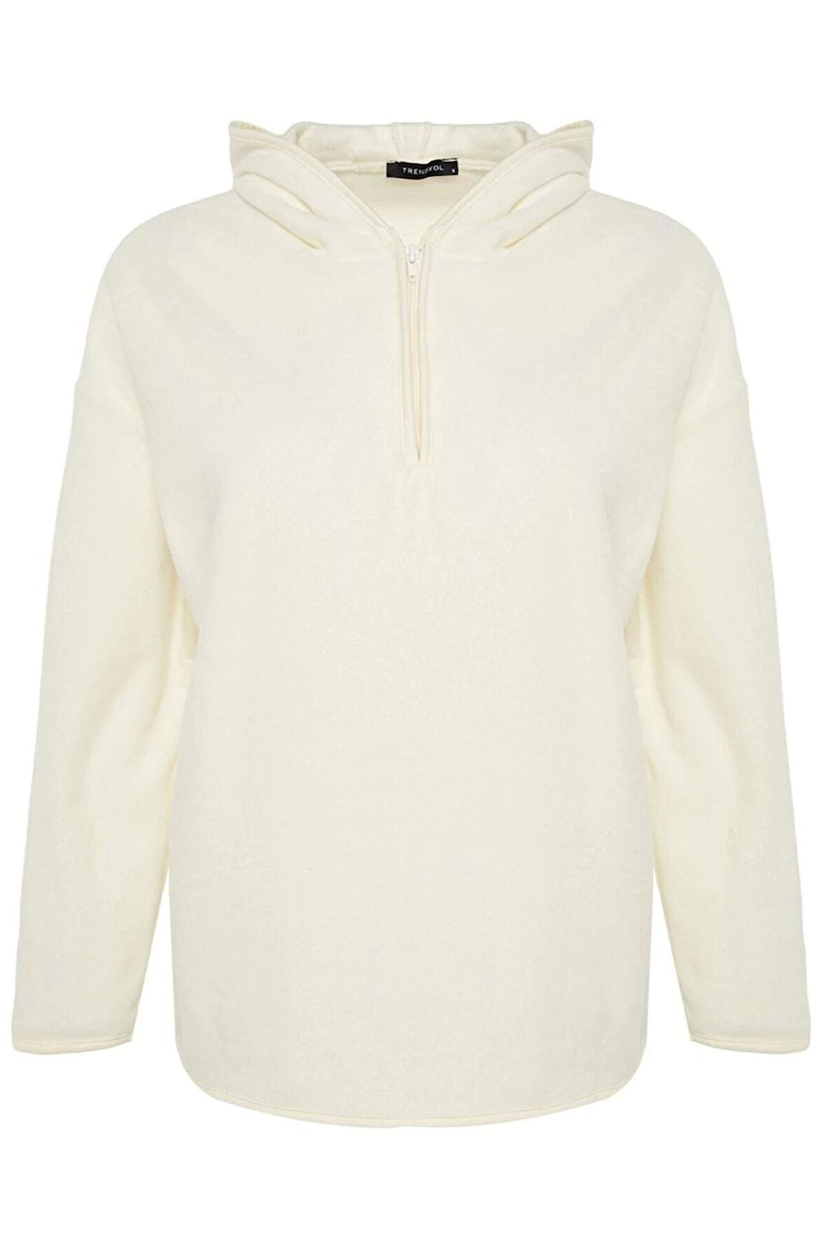 Kadın Moda Şık Bol Kapüşonlu Düşük Kol Uzun Kalın Polar ve Fermuarlı Geniş Kalıp Örme Sweatshirt