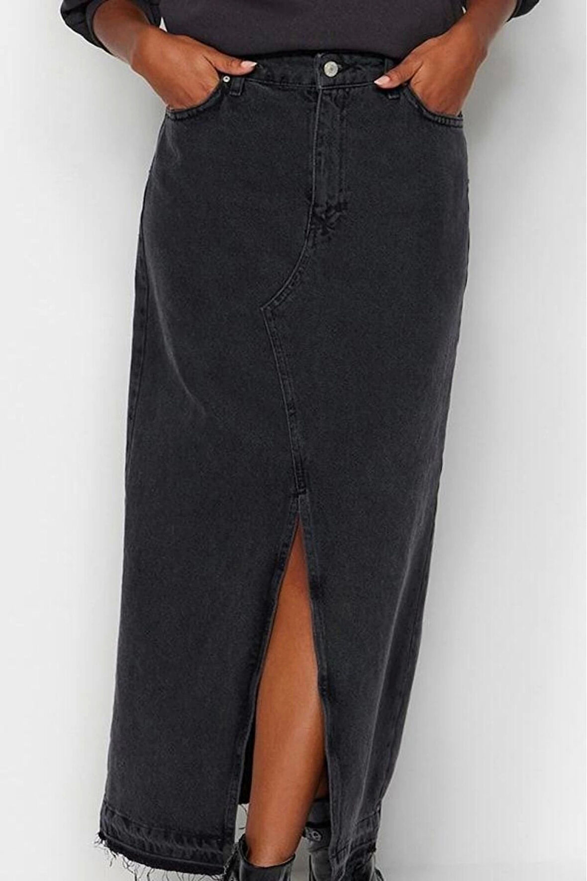 Kadın Moda Stil Maxi Astarsız Denim Yırtmaçlı Maxi Denim Etek