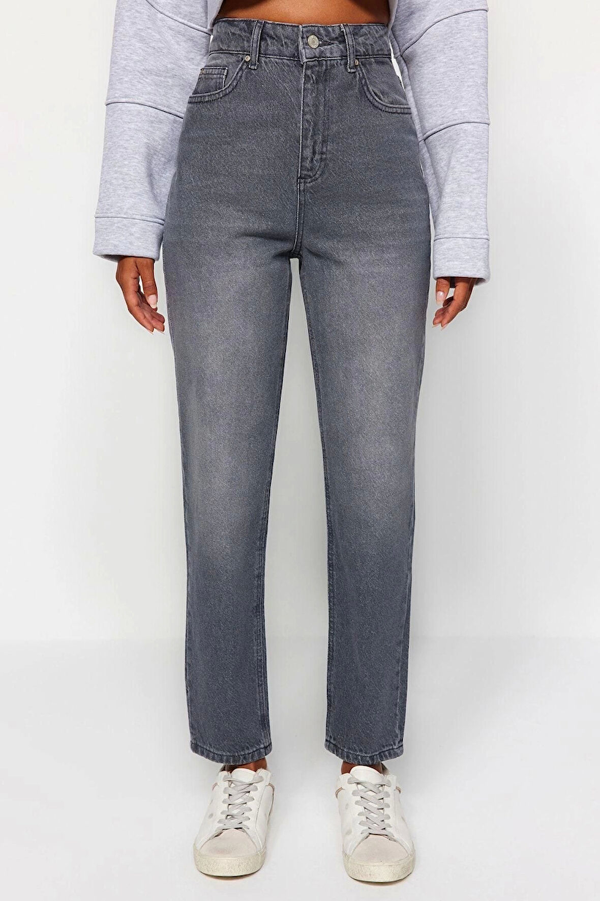 Kadın Moda Şık Kot Pantolon Dar Paça Regular Boy Denim Beyaz Yüksek Bel Mom Jeans