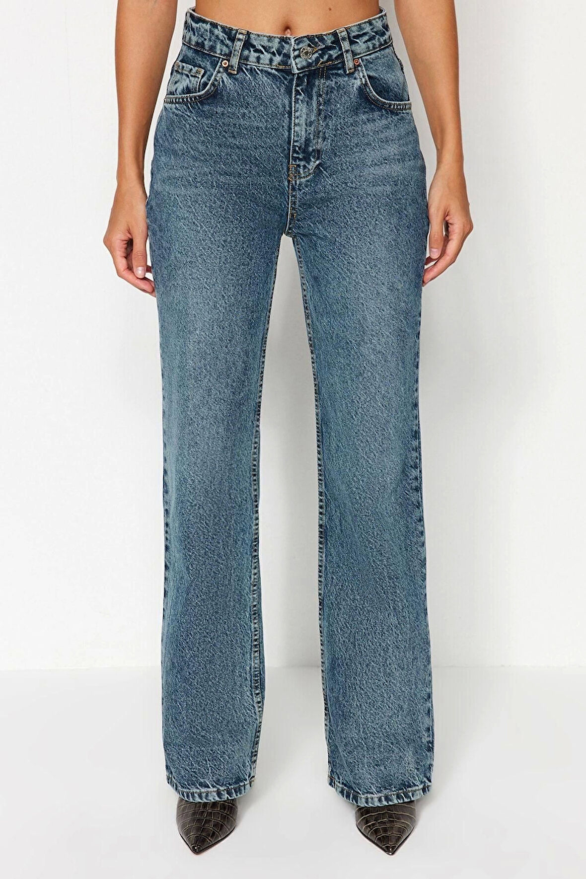 Kadın Moda Şık Kot Pantolon Geniş Paça Uzun Boy Denim Soluk Vintage Yüksek Bel Jeans