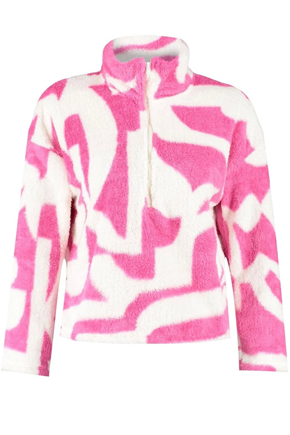 Kadın Fermuarlı Yaka Standart Kol Kalın Polar Desenli Fermuarlı Uzun Kol Örme Sweatshirt