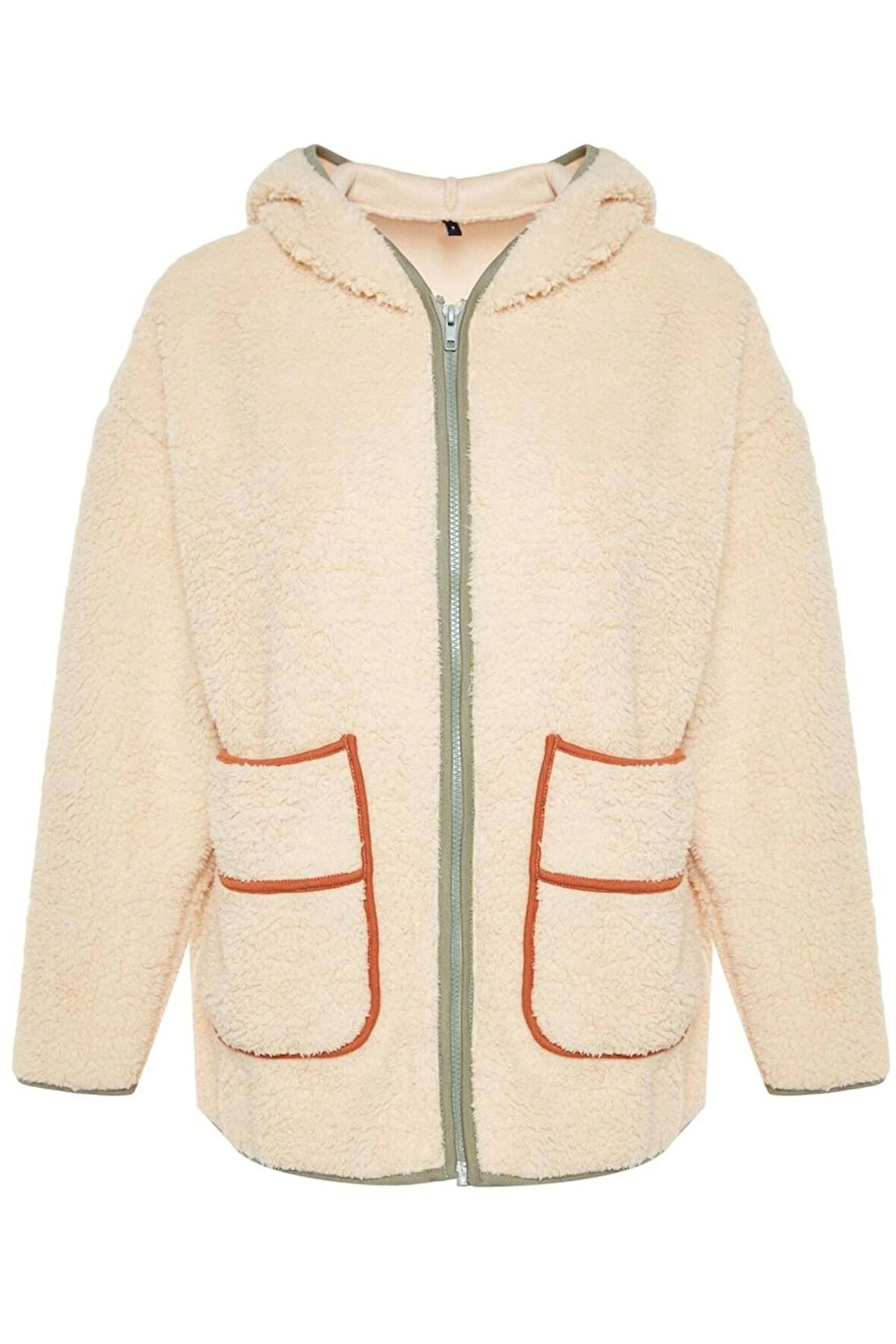 Kadın Relaxed Kapüşonlu Standart Kol Uzun Kalın Polar Kontrast Biyeli Rahat Kalıp Örme Sweatshirt