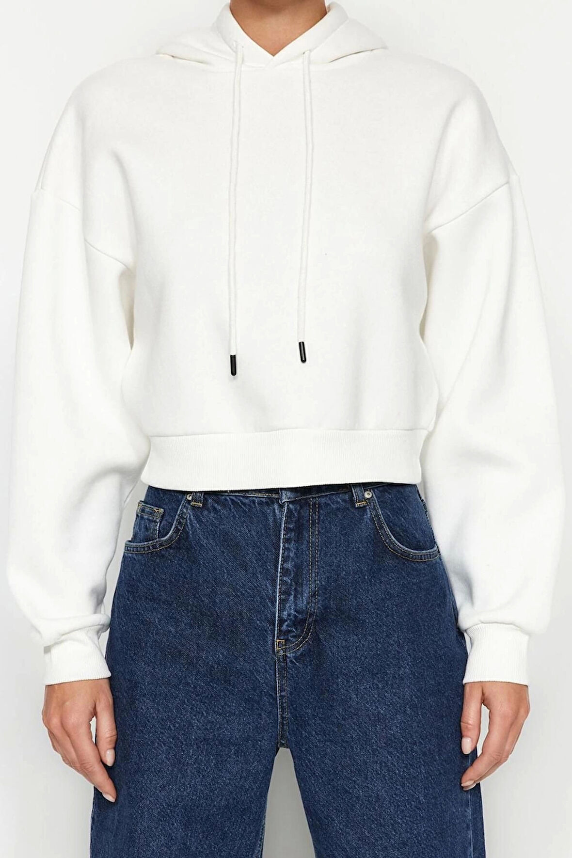 Kadın Moda Relaxed Kapüşonlu Düşük Kol Crop Kalın İçi Polarlı Rahat Kesim Crop Basic Örme Sweatshirt