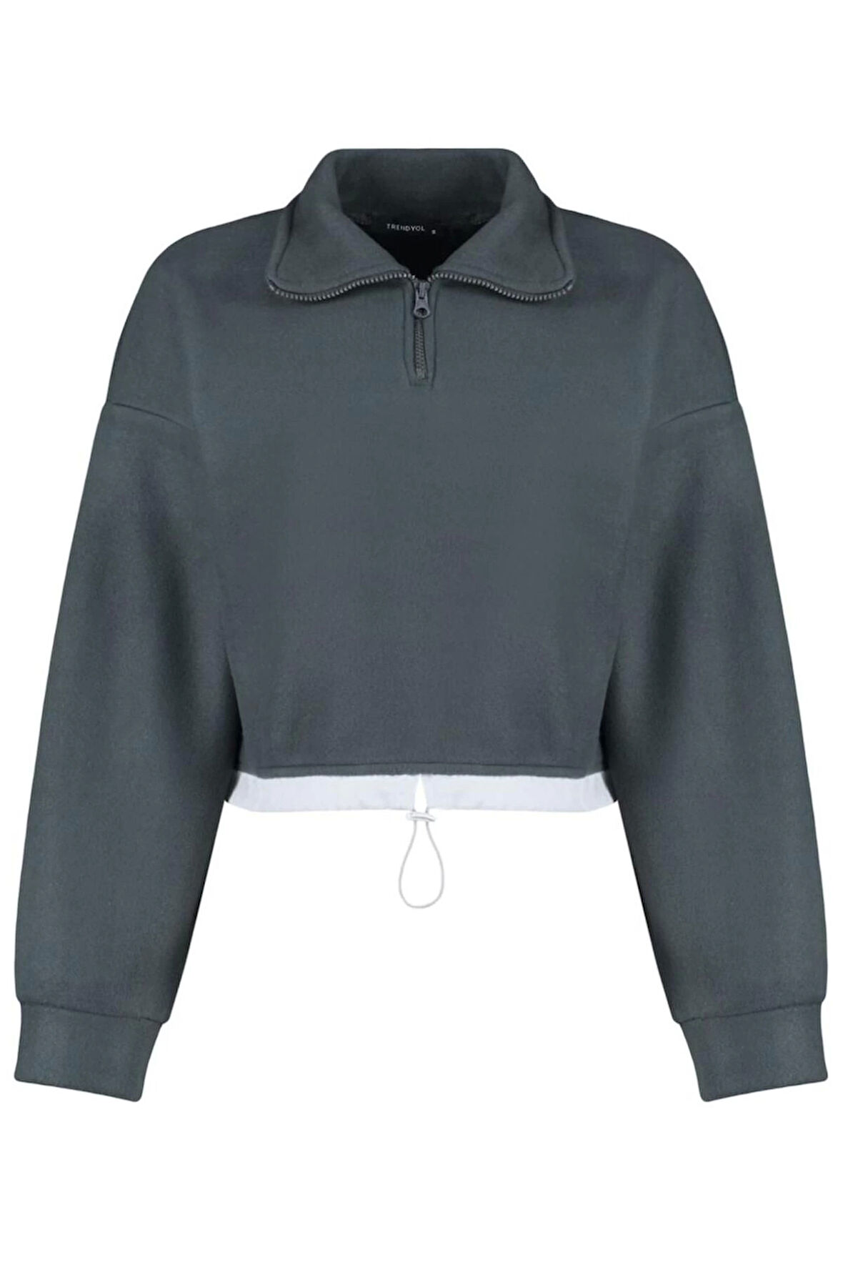 Kadın Crop Polo Yaka Standart Kol Crop Paraşüt Polo Yaka Fermuarlı Stoperli Polar Örme Sweatshirt