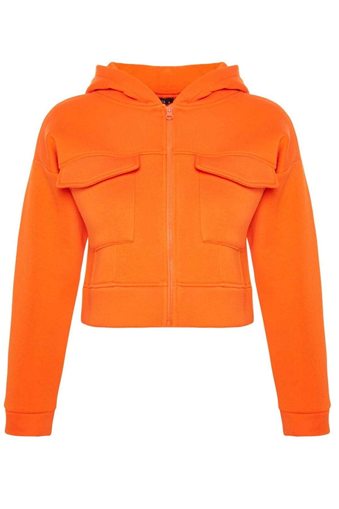 Kadın Kapüşonlu Standart Kol Rahat Kesim Crop Cep Detaylı Kalın İçi Polarlı Örme Sweatshirt